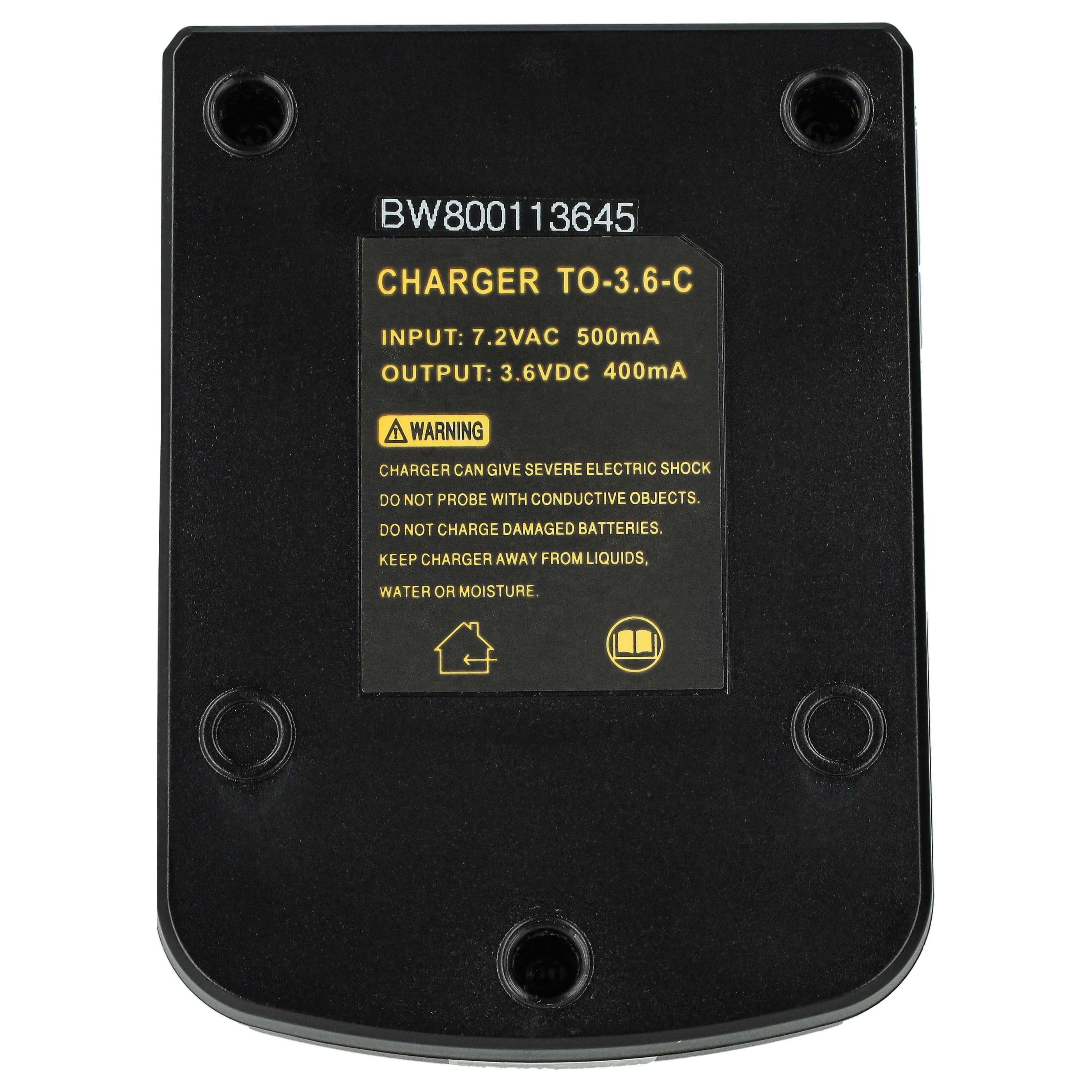 Schwarzes Ladegerät mit Text: BW800113645, CHARGER TO-3.6-C, INPUT: 7.2VAC 500mA, OUTPUT: 3.6VDC 400mA, Warnung und Sicherheitshinweise.