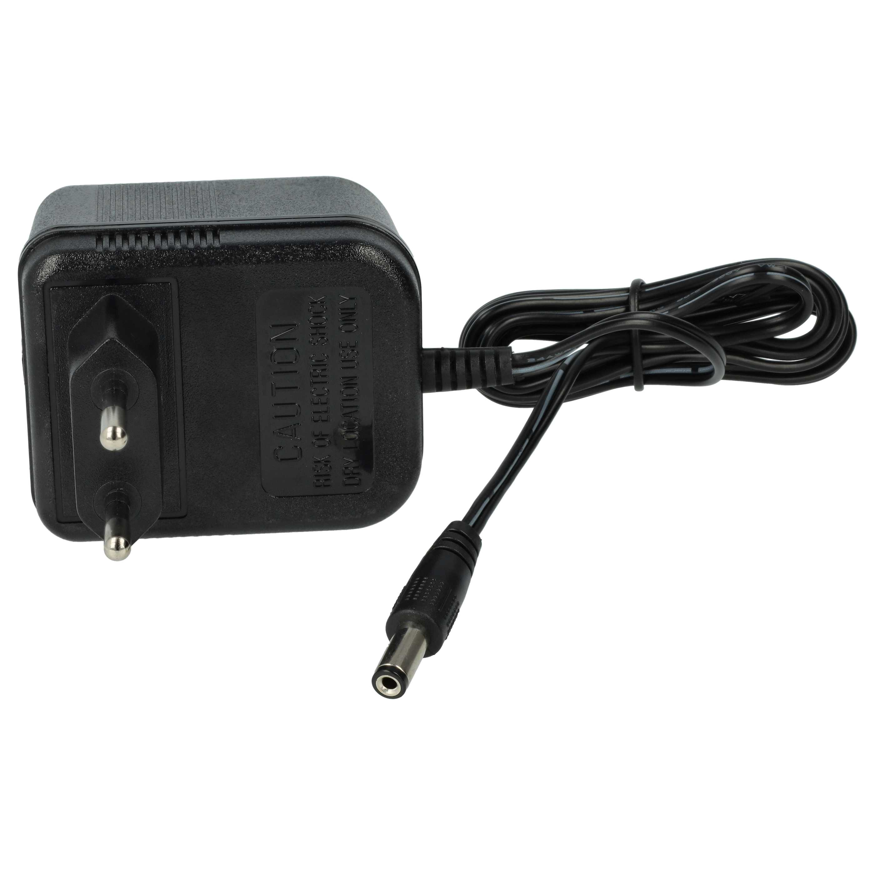 Ein schwarzes AC-Netzteil mit Zweipolstecker und DC-Anschluss. Der Adapter hat ein Vorsichtsetikett. Das Kabel ist aufgerollt.