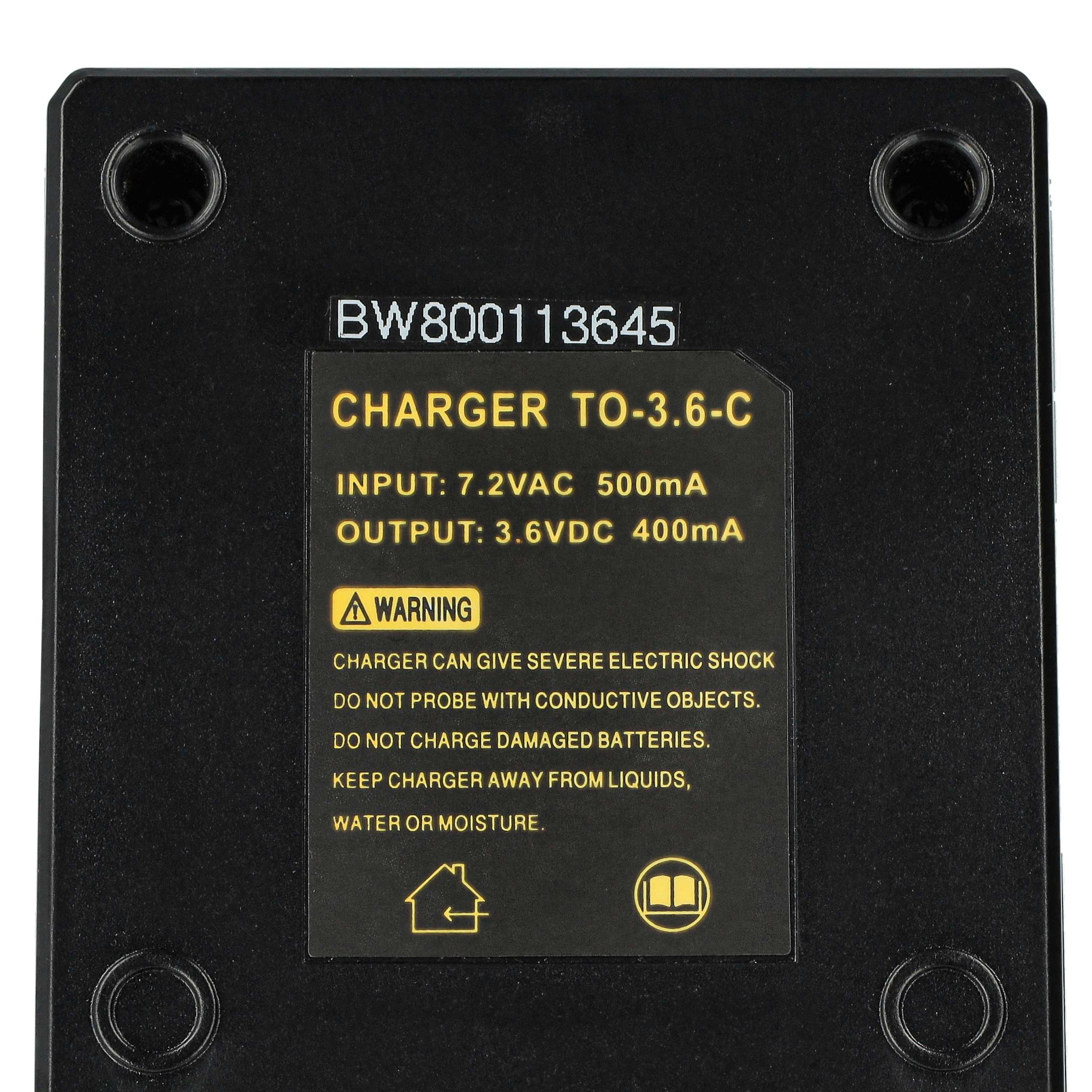Schwarzes Ladegerät mit Text: 'CHARGER TO-3.6-C', Eingangs-/Ausgangsdetails und eine Warnung vor Stromschlag und Feuchtigkeit.