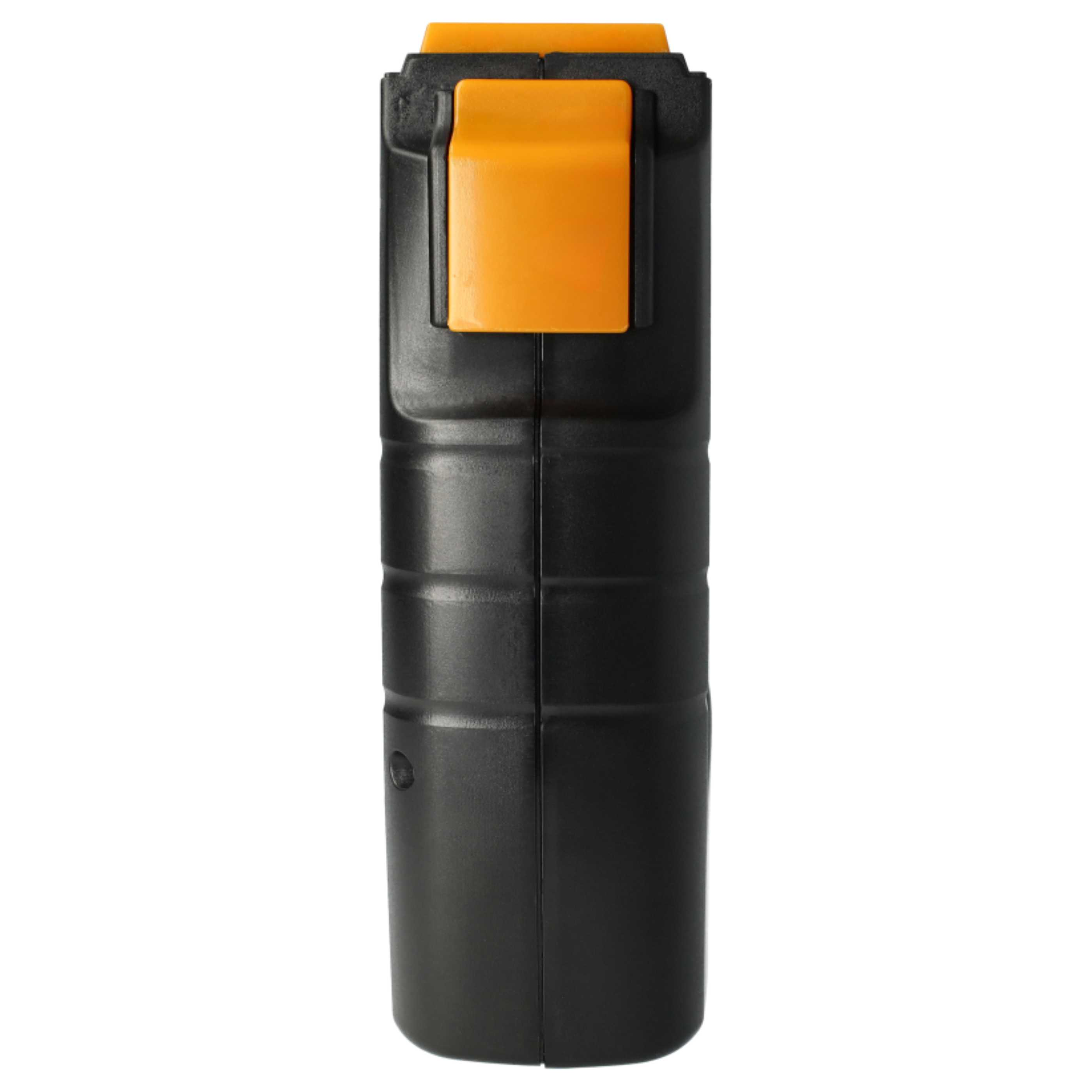 Ein schwarz-oranges Gerät, wahrscheinlich ein Werkzeug, ist vertikal vor weißem Hintergrund ausgerichtet, mit rechteckigem Design.