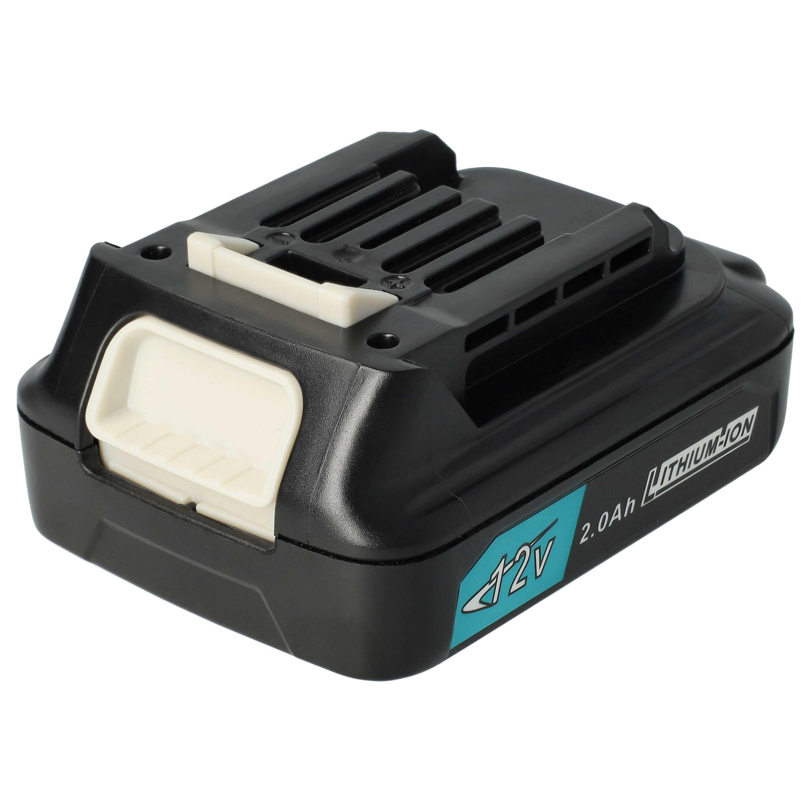 Schwarzer und weißer 12V-Lithium-Ionen-Akku. Er hat ein schwarzes Gehäuse mit weißen Akzenten und einem blauen Etikett.