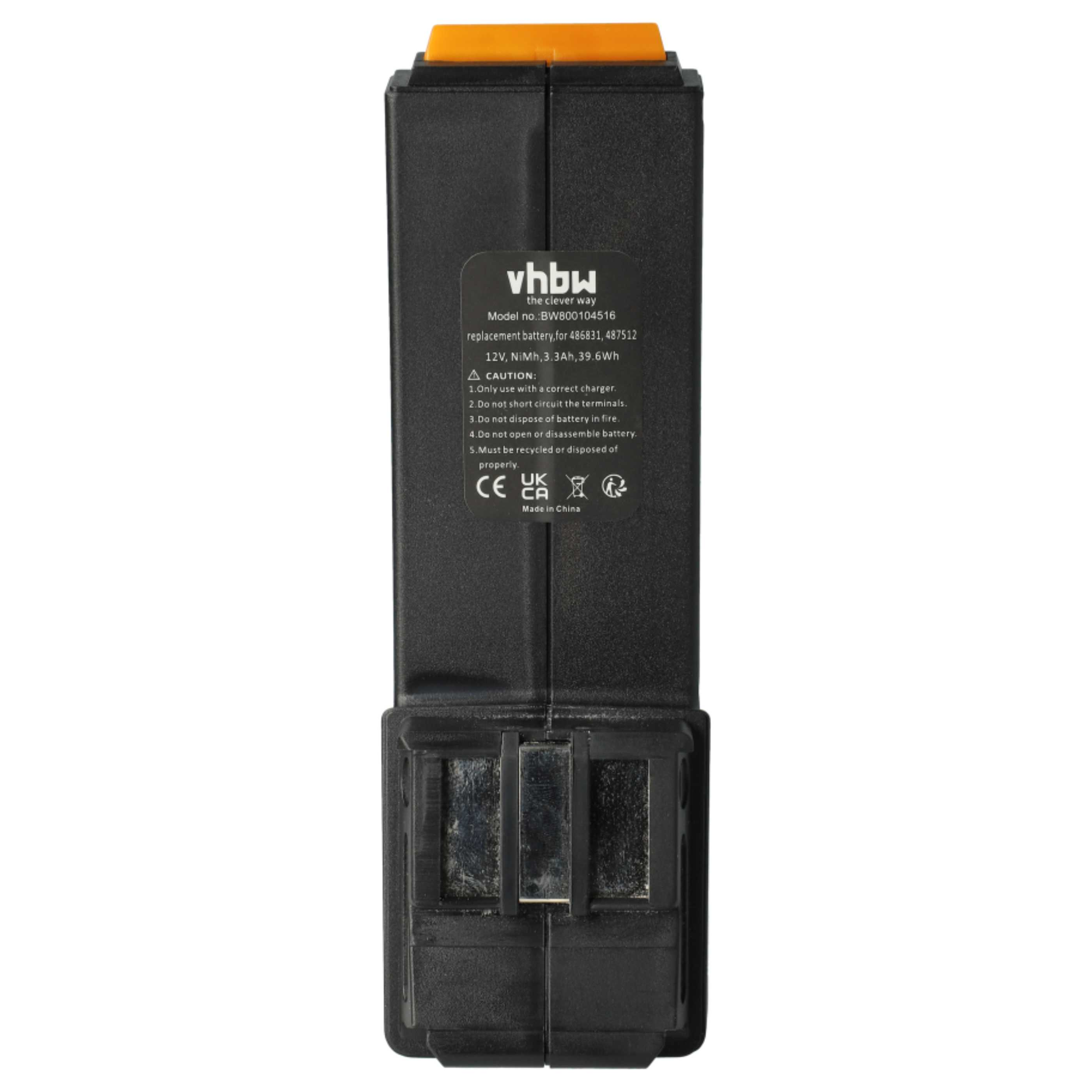 Schwarzer Akku mit orangefarbenem Deckel. Text enthält Spezifikationen und Vorsichtsmaßnahmen. Markenname 'vhbw'.