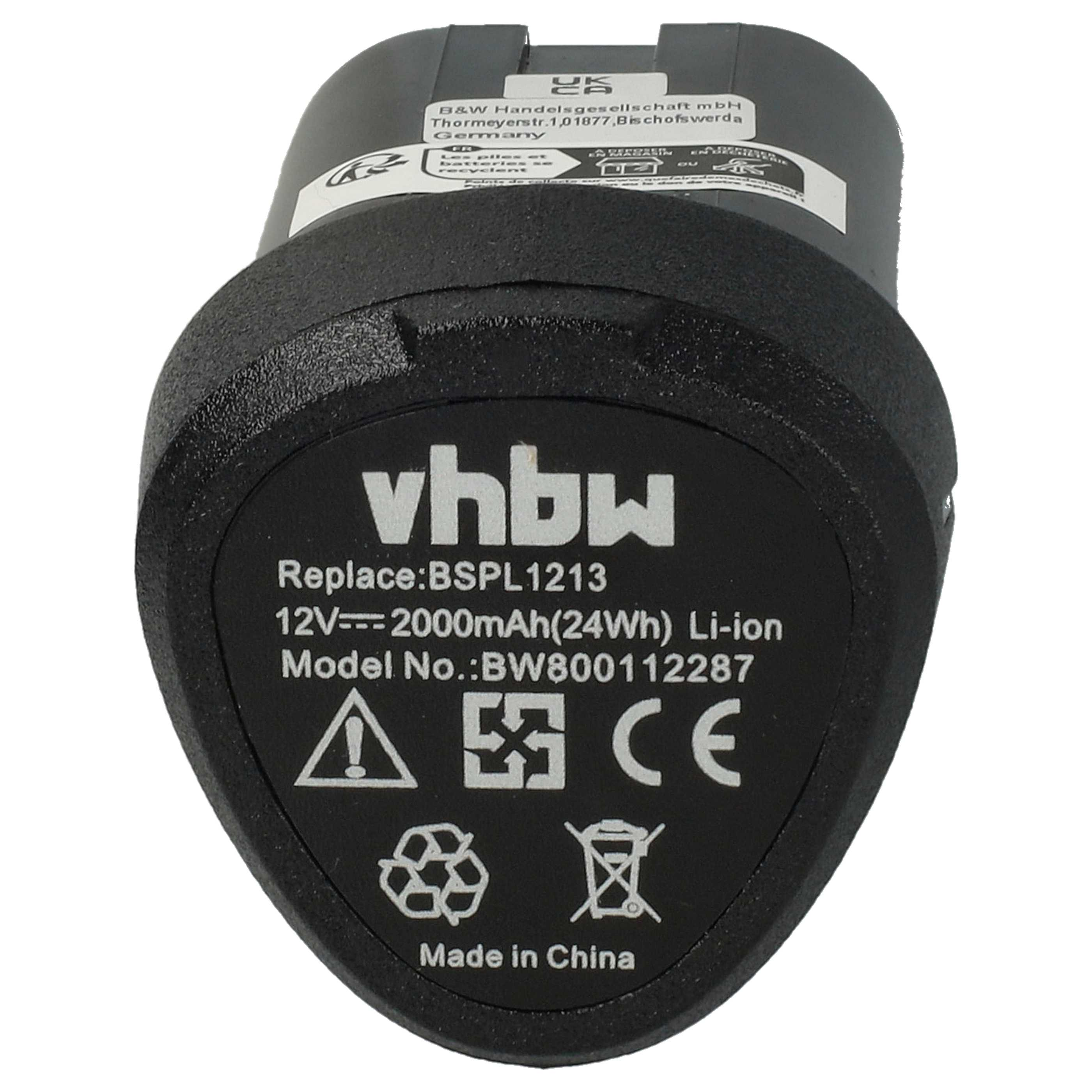 Ein schwarzes Batteriepack mit weißem Text. Es hat das vhbw-Logo und Details zu Spannung und Modell.