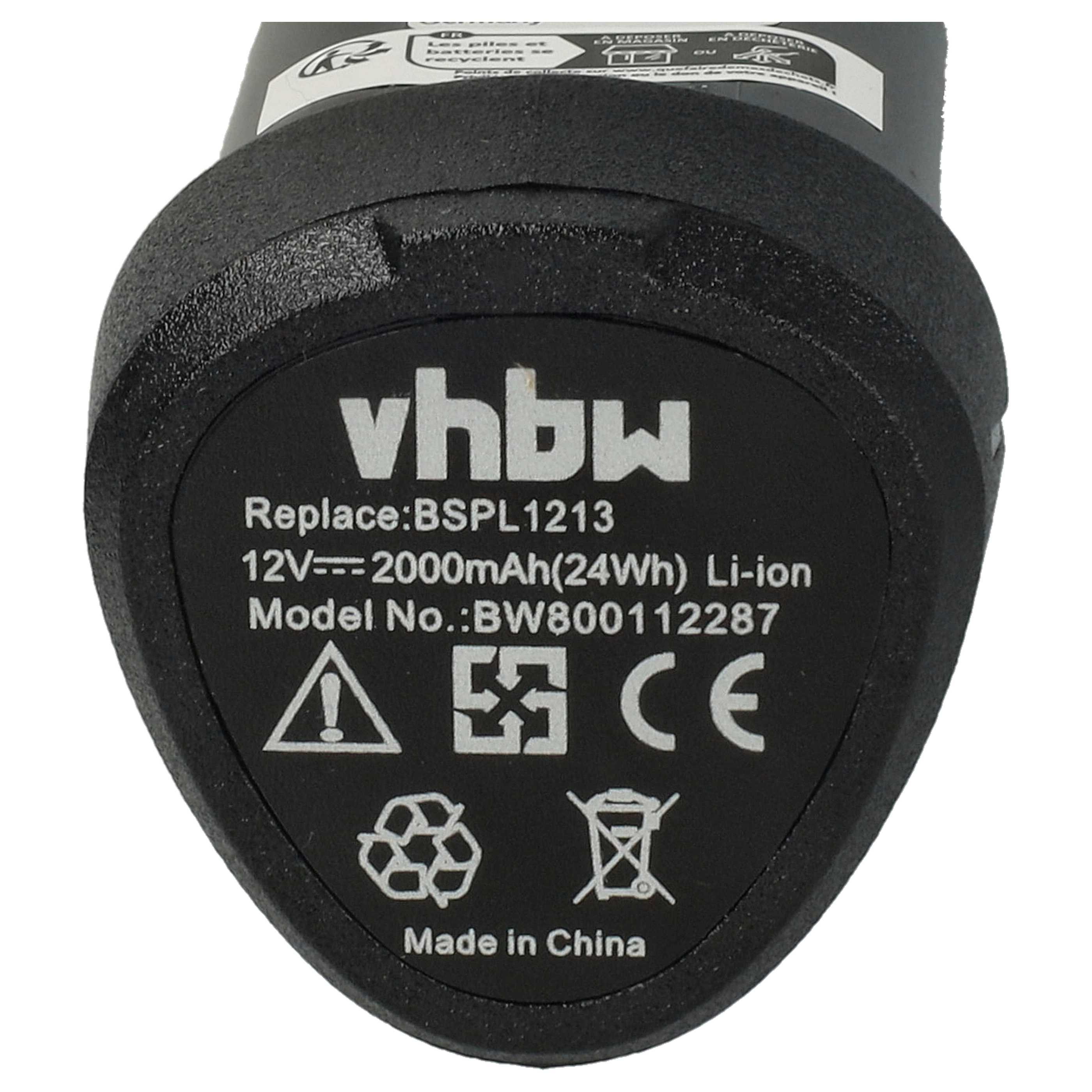 Nahaufnahme eines schwarzen Akkus mit weißem Text. Es steht vhbw, Replace:BSPL1213, 12V, 2000mAh, Li-Ion, Made in China.
