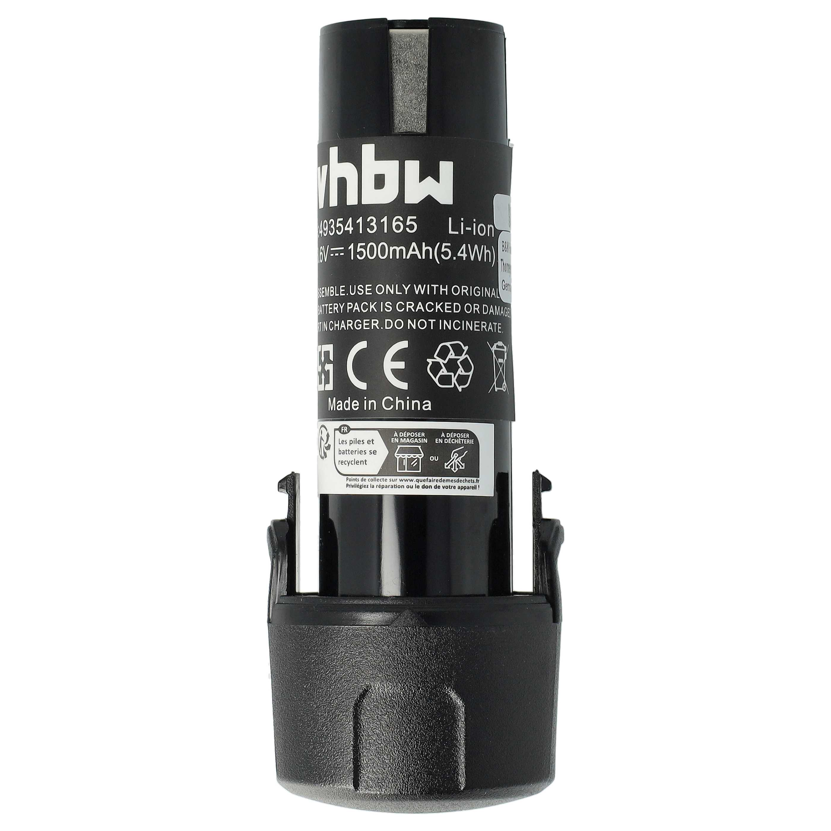 Ein schwarzer Akku mit weißem Text, schwarzer Basis und Recycling-Symbolen. Die Marke ist 'hbw'.