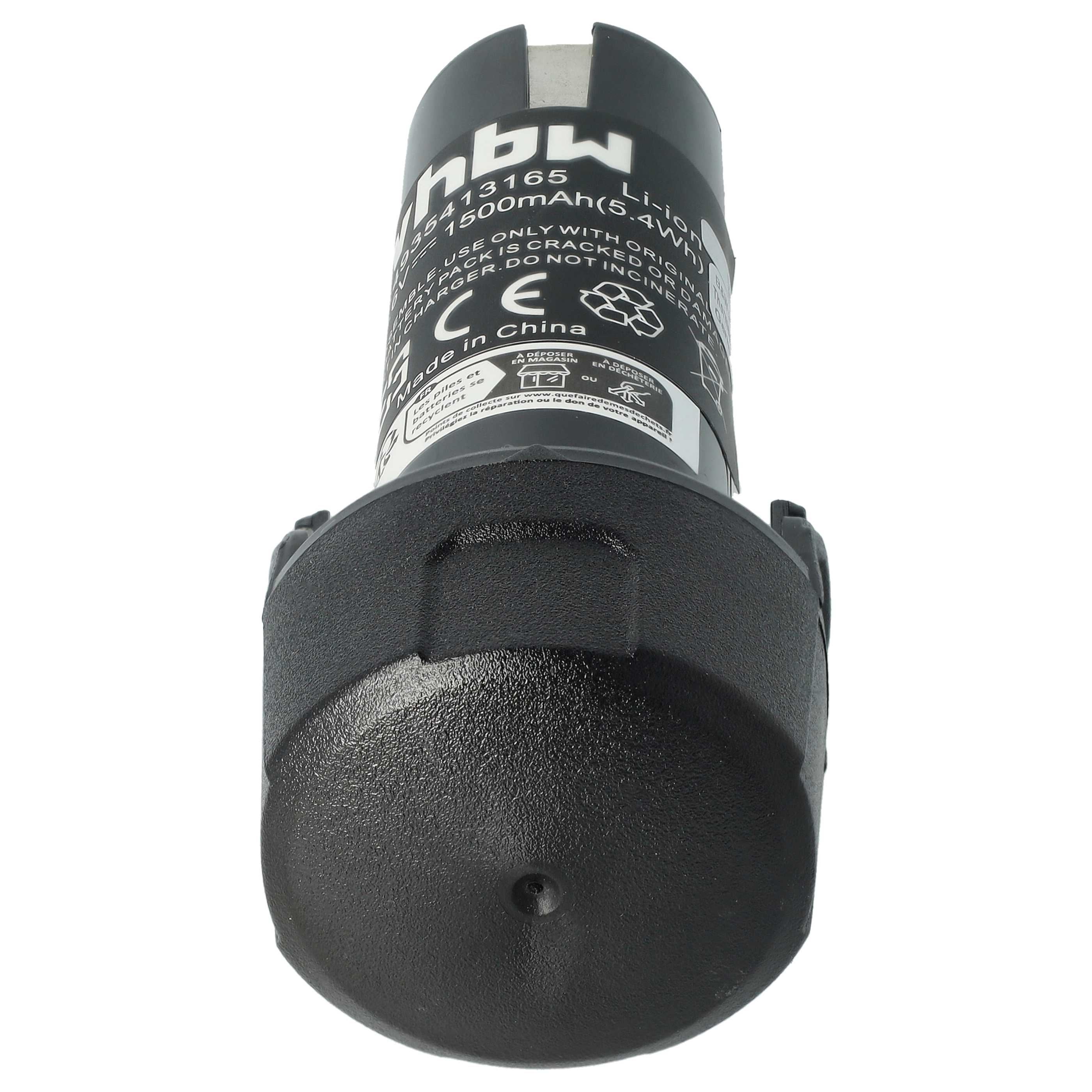 Ein schwarzer Akku mit weißer Schrift. Das Etikett zeigt Li-Ion 1500mAh, Made in China und ein CE-Zeichen.