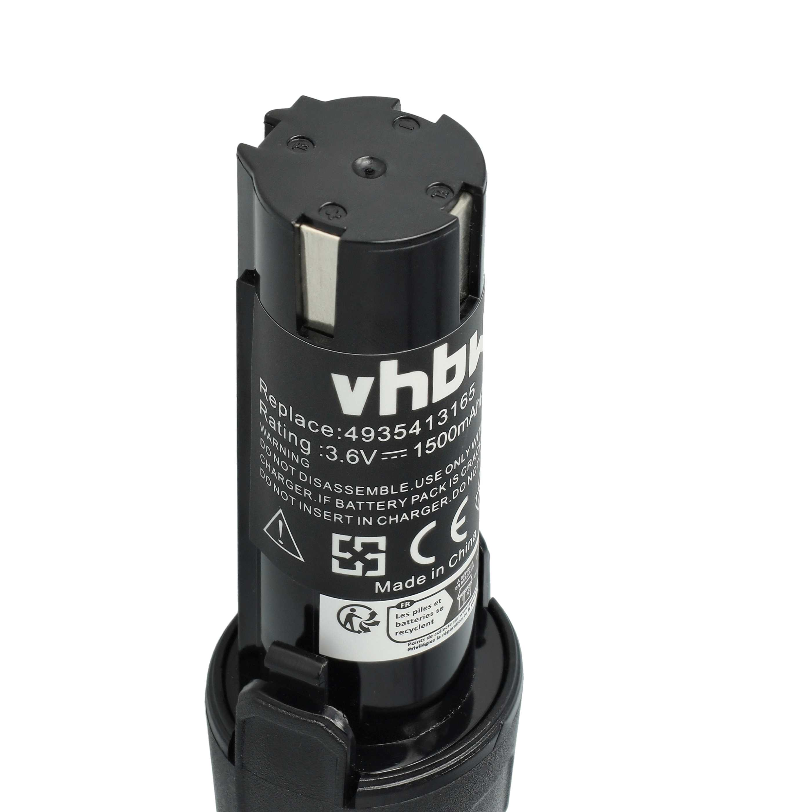Ein schwarzer Akku mit weißem Text. Er lautet 'Replace: 4935413165 Rating: 3.6V = 1500mA' und enthält Sicherheitshinweise.