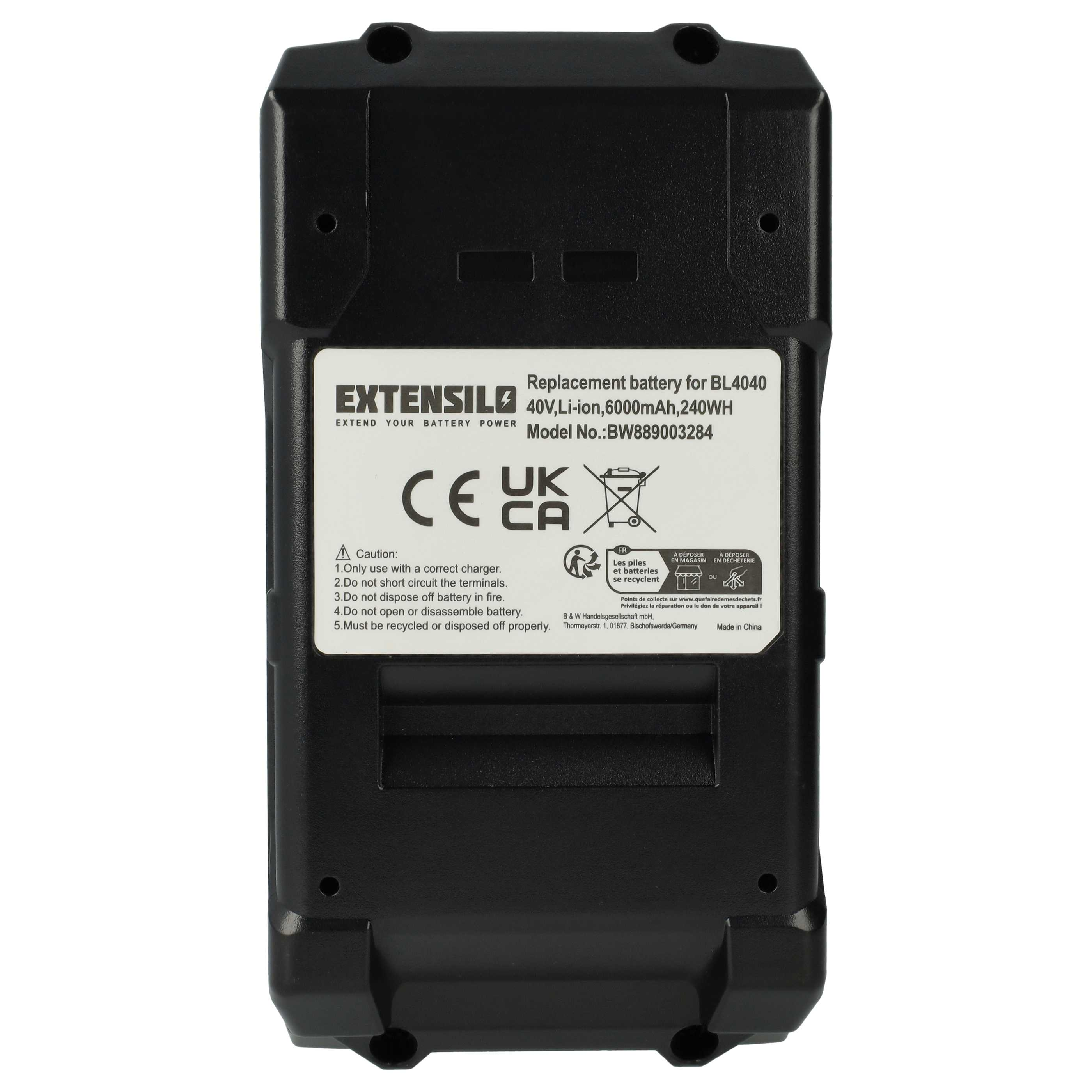 Ein schwarzer Akku mit weißem Text. Auf dem Etikett steht Extensilo, 40V Li-Ion und Modell-Nr.: BW889003284.