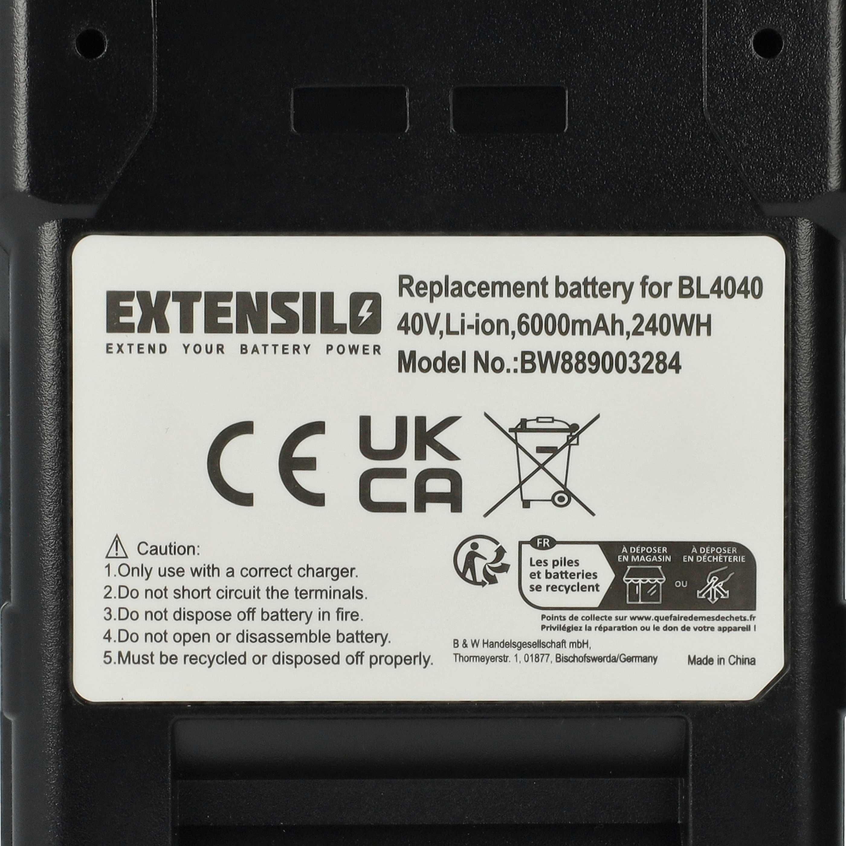 Schwarzer Akku mit weißem Etikett. Text: EXTENSILO, Ersatzbatterie, 40V, Li-ion, Vorsicht, Recyclingsymbol, Made in China.