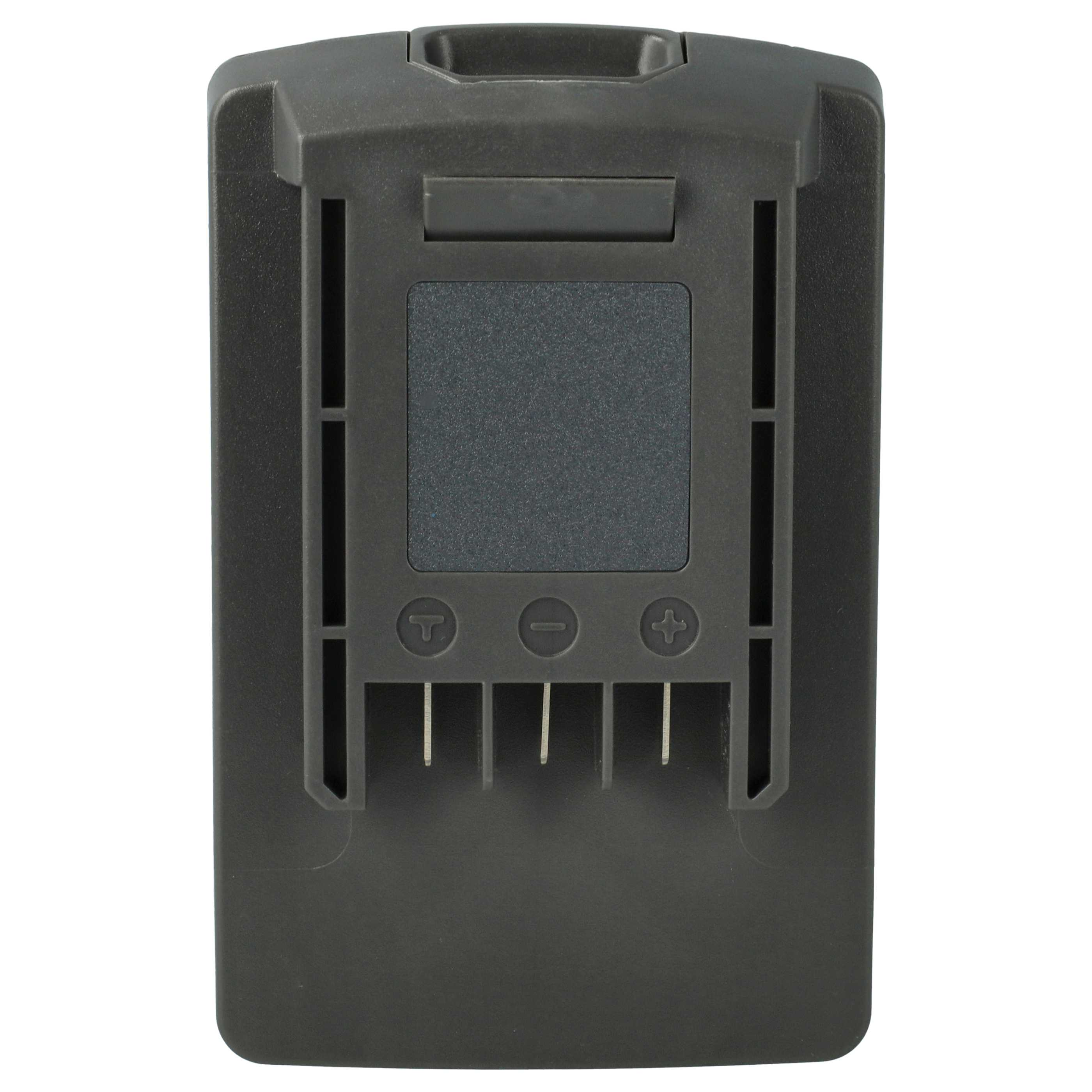 Ein schwarzer Akku für Elektrowerkzeuge. Es hat eine quadratische Form mit elektrischen Kontakten und Plus/Minus-Symbolen.