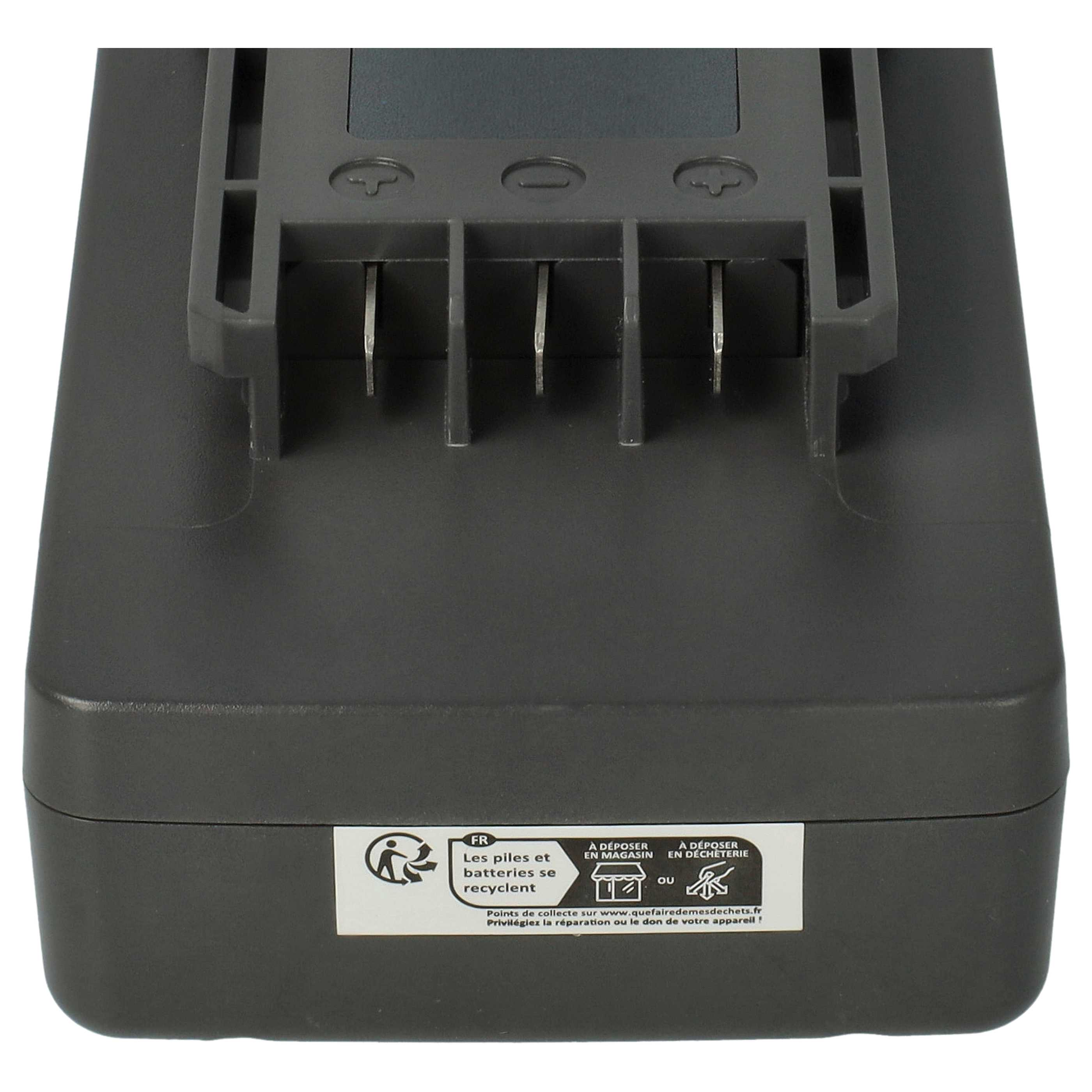 Ein dunkelgraues Batterieladegerät mit Schlitzen und einem Recycling-Etikett. Es hat einen Abschnitt zum Einsetzen der Batterie.