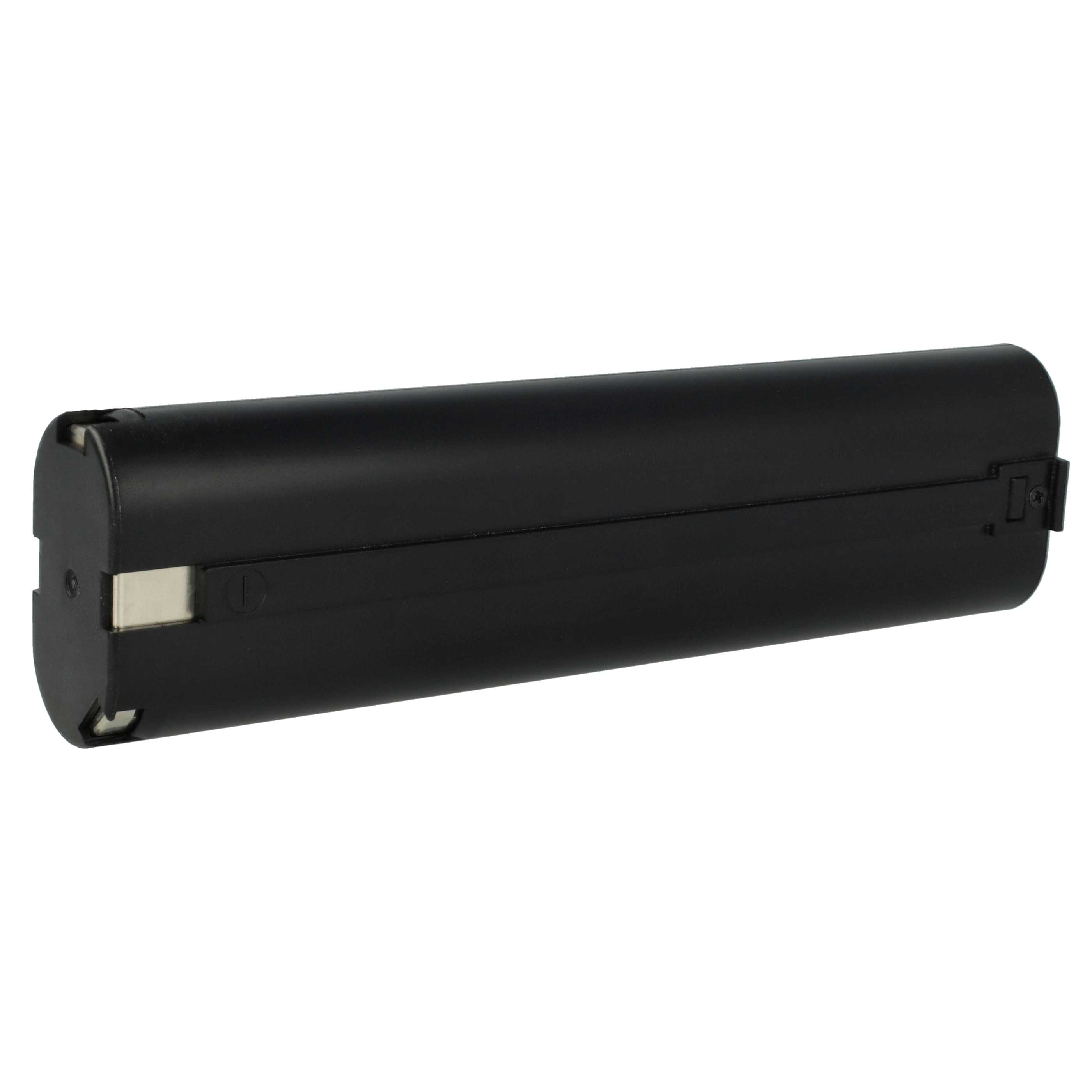 Eine schwarze zylindrische Batterie auf weißem Hintergrund. Sie hat Metallkontakte am Ende und einen kleinen Clip.
