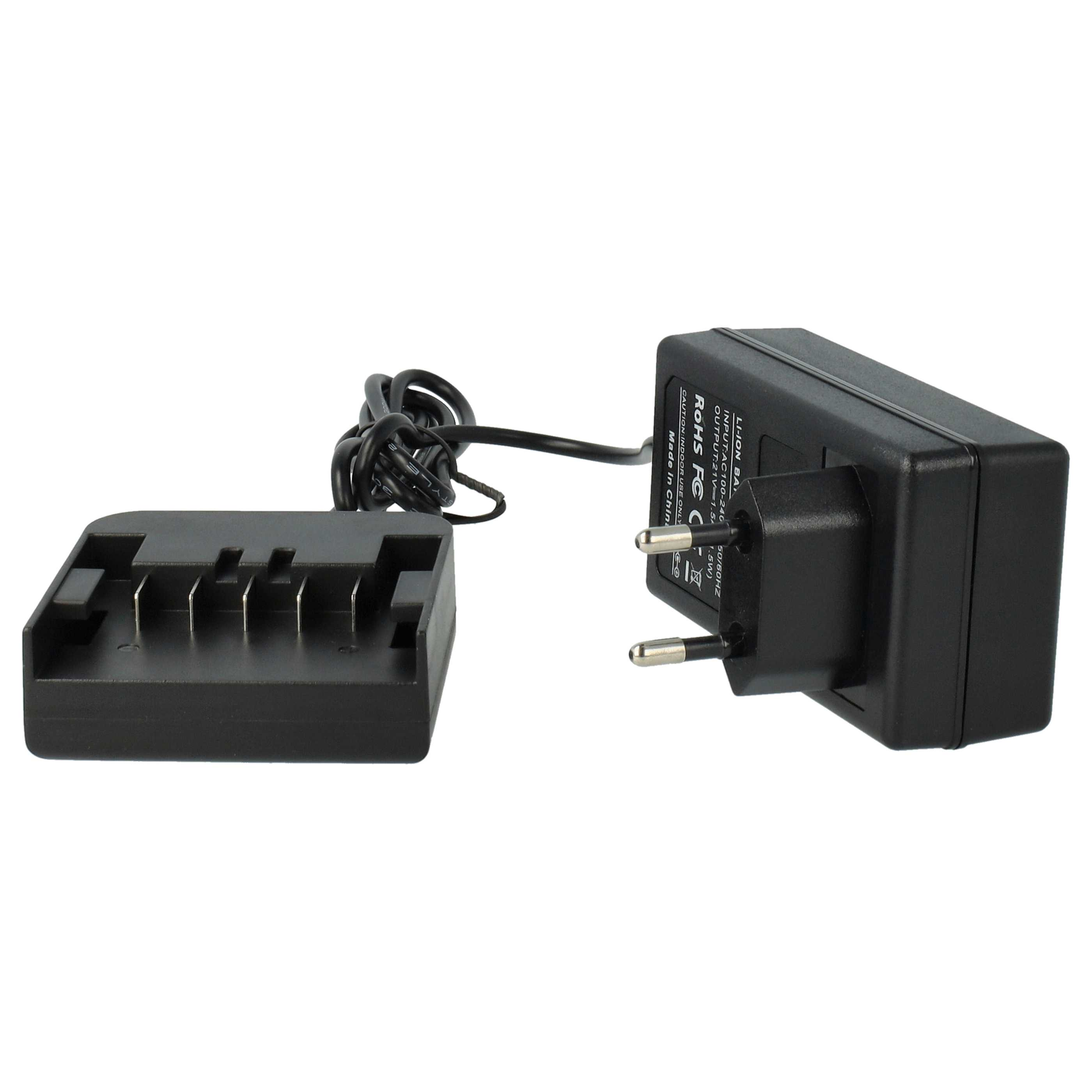 Schwarzes Ladegerät und Akkudock, verbunden durch ein schwarzes Kabel. Ladegerät hat Stecker und Etiketten. Dock hat Schlitze.