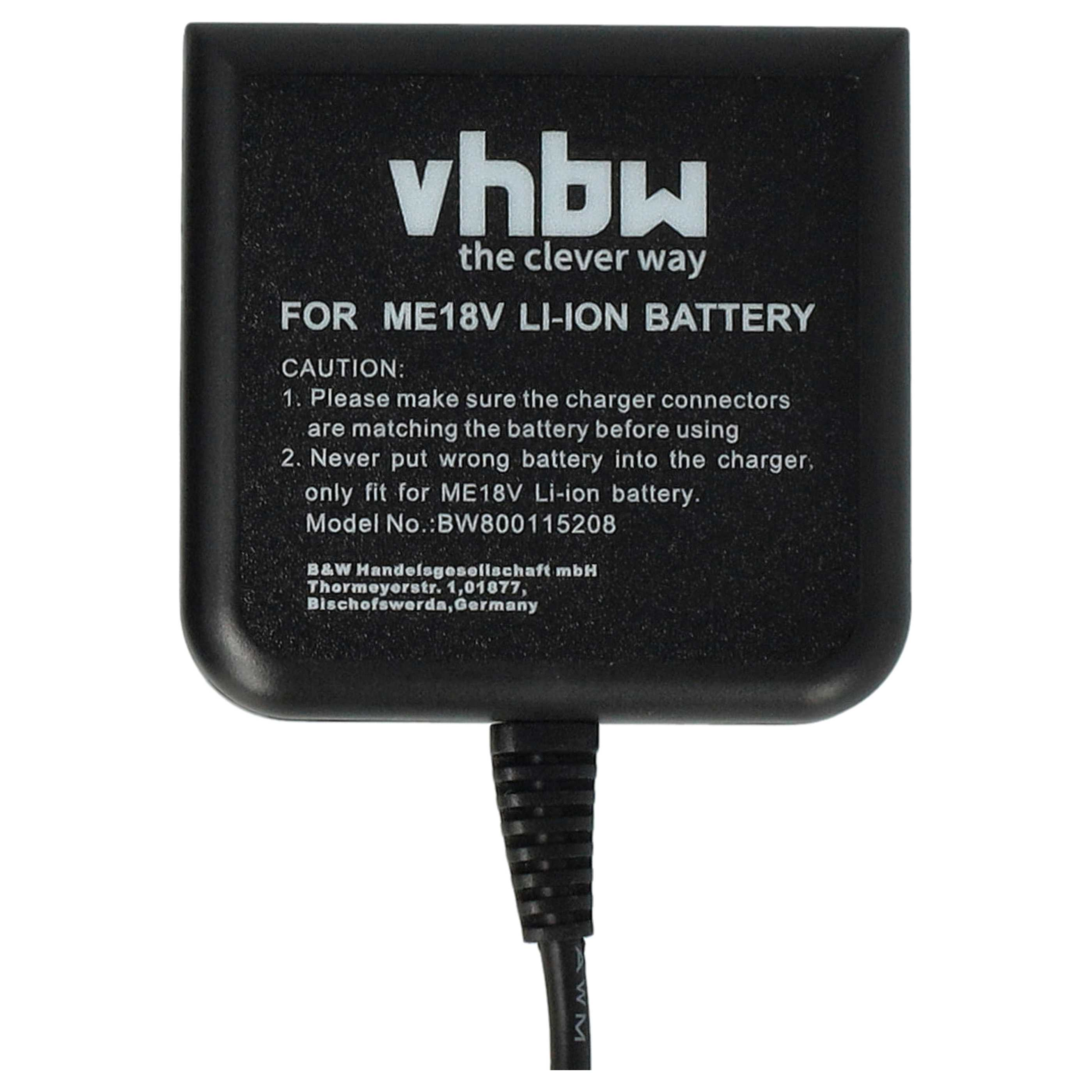 Ein schwarzes Ladegerät mit weißem Text: 'vhbw, the clever way'. Es ist für eine ME18V Li-Ionen-Batterie mit Vorsichtshinweisen und Kabel.