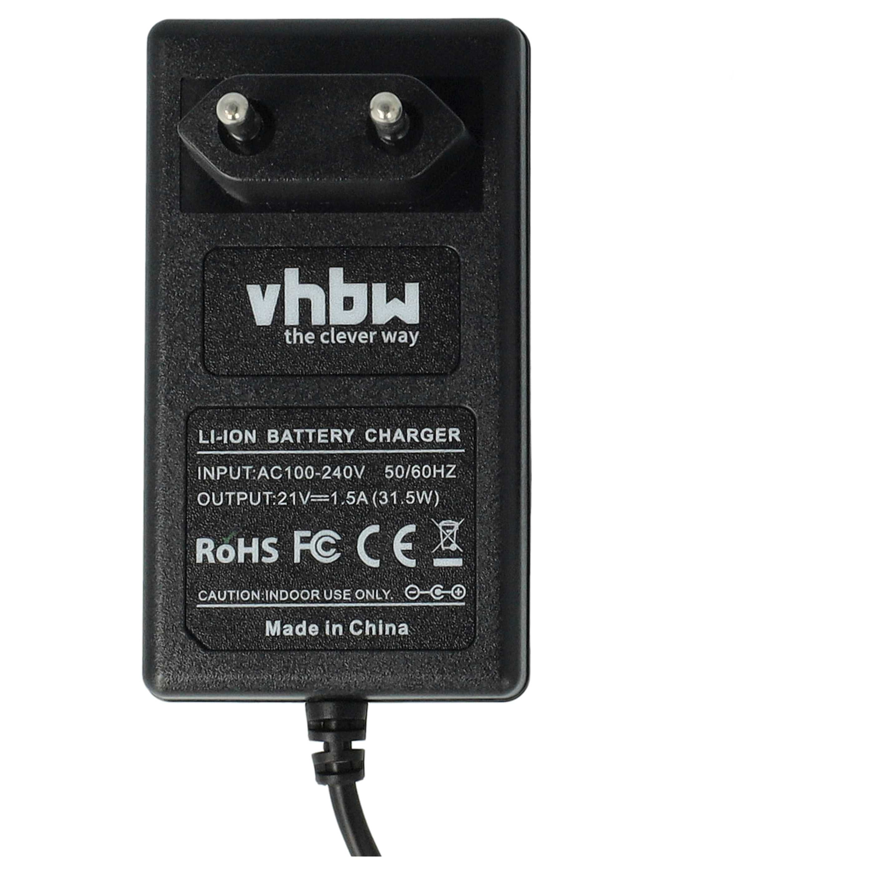 Schwarzes Batterieladegerät mit zwei Stiften. Text enthält Markenname, Spannung und Sicherheitssymbole, vor weißem Hintergrund.