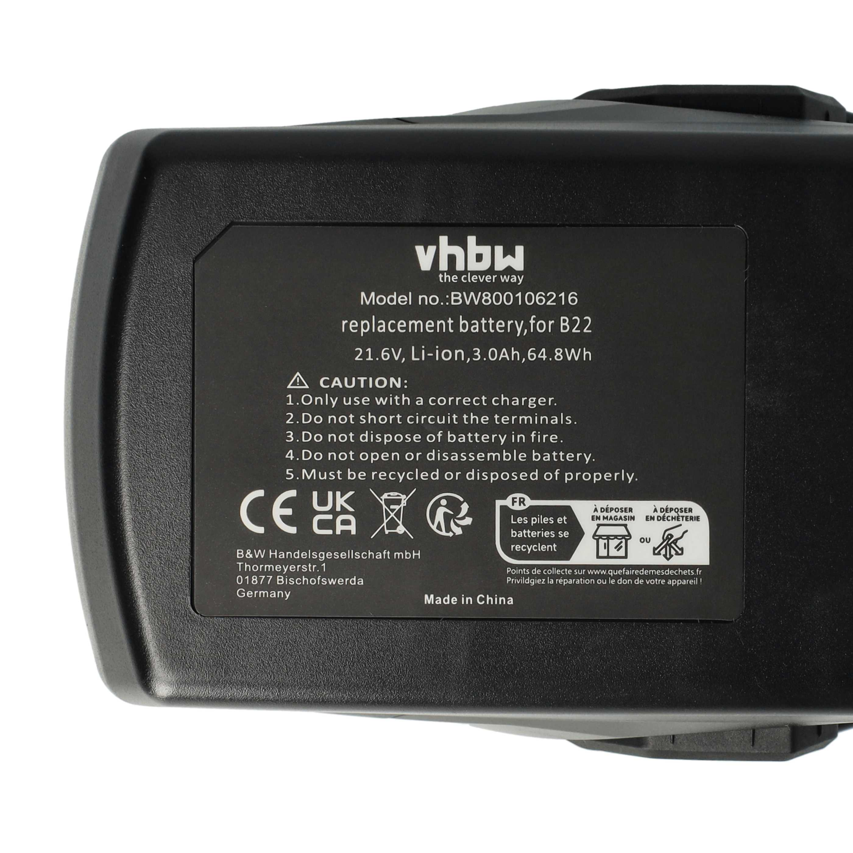Ein schwarzes Akkupack mit weißem Text. Informationen umfassen Modell, Spannung und Recyclinghinweise. Hergestellt in China.