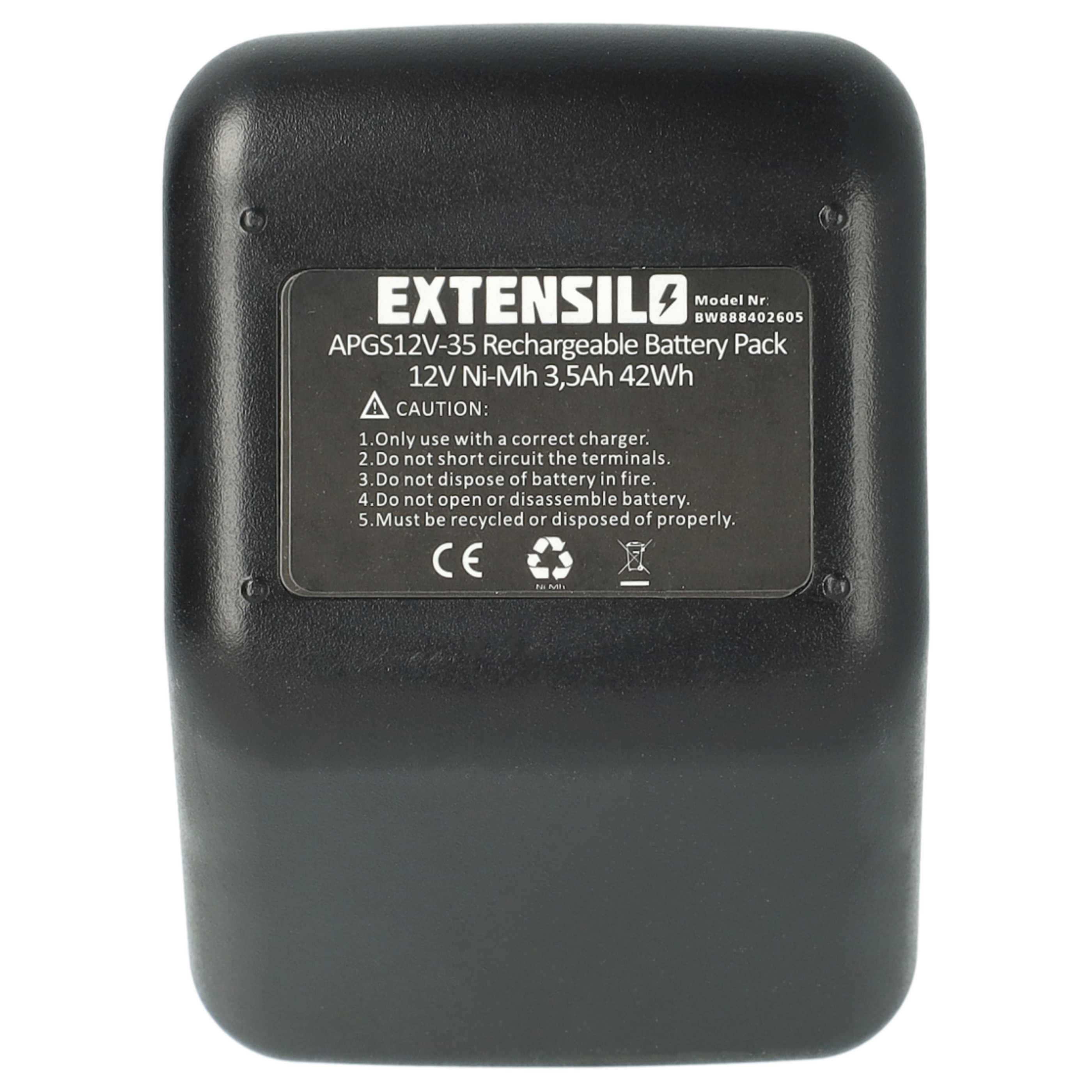 Schwarzer Akku mit Text: EXTENSILO, Modell, Spannung und Warnhinweise. CE- und Recycling-Symbole sind sichtbar.