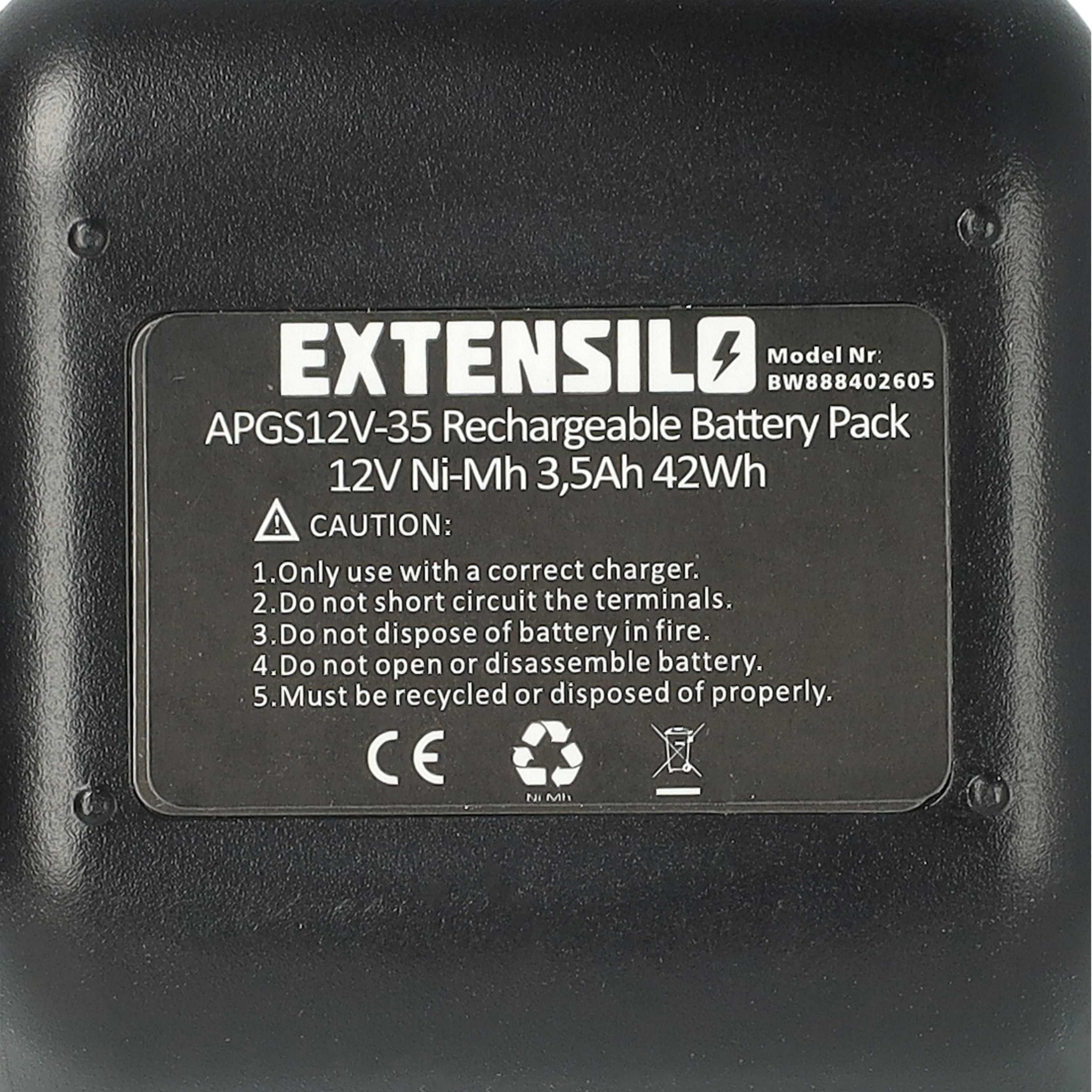 Schwarzer Akku mit weißem Text. Es trägt die Marke EXTENSILO und das Modell APGS12V-35. Enthält Sicherheitshinweise und CE-Kennzeichen.