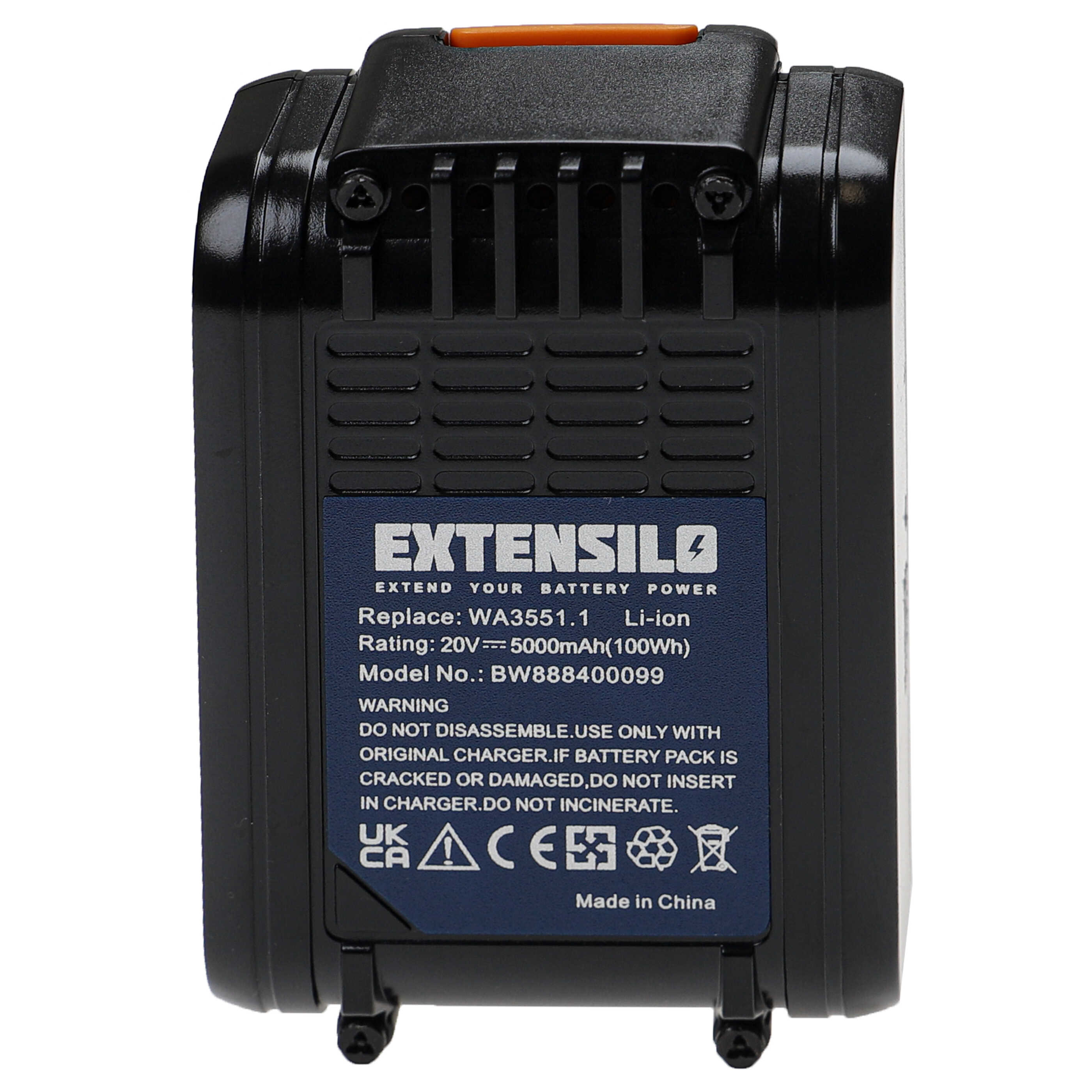 Schwarzer Extensilo-Akku. Er hat eine orangefarbene Oberseite und ein blaues Etikett mit Text und Symbolen. Hergestellt in China.