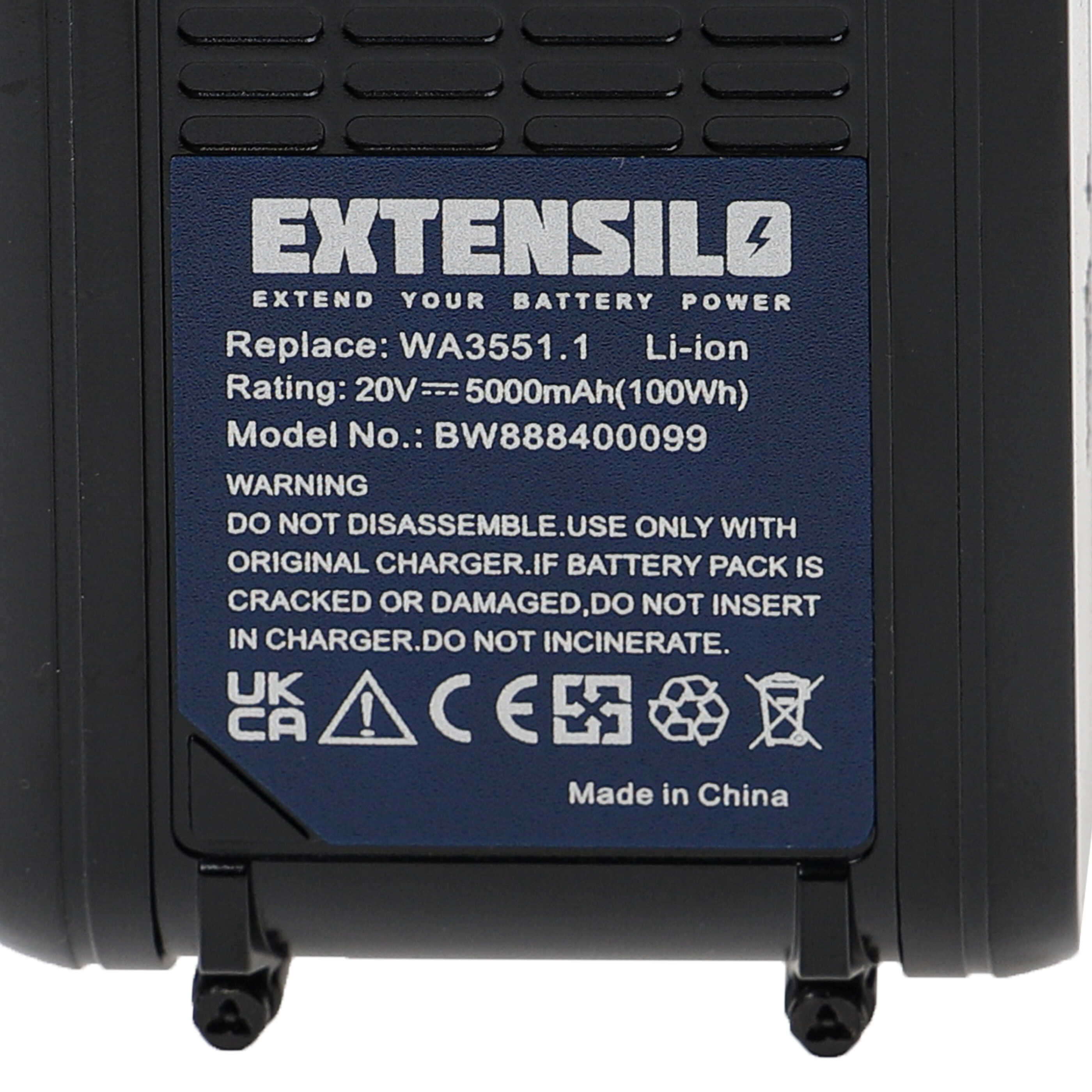 Ein schwarzes Akkupack mit blauem Etikett. Weißer Text: 'EXTENSILO' und Sicherheitshinweise.
