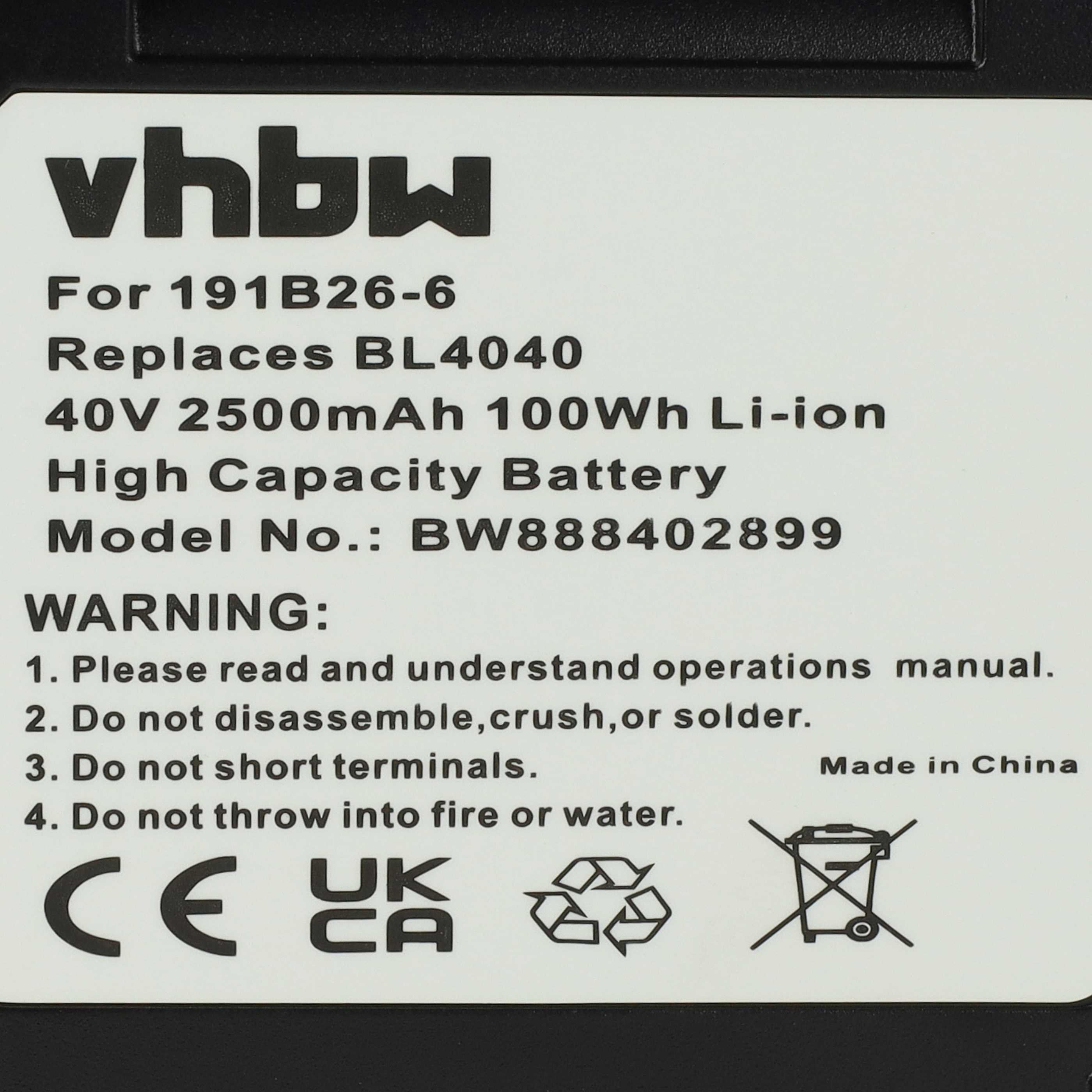 Ein weißes Etikett mit schwarzem Text zeigt Batteriedetails. Der Text enthält 'vhbw', Modellinformationen, Warnungen und Symbole. Hergestellt in China.