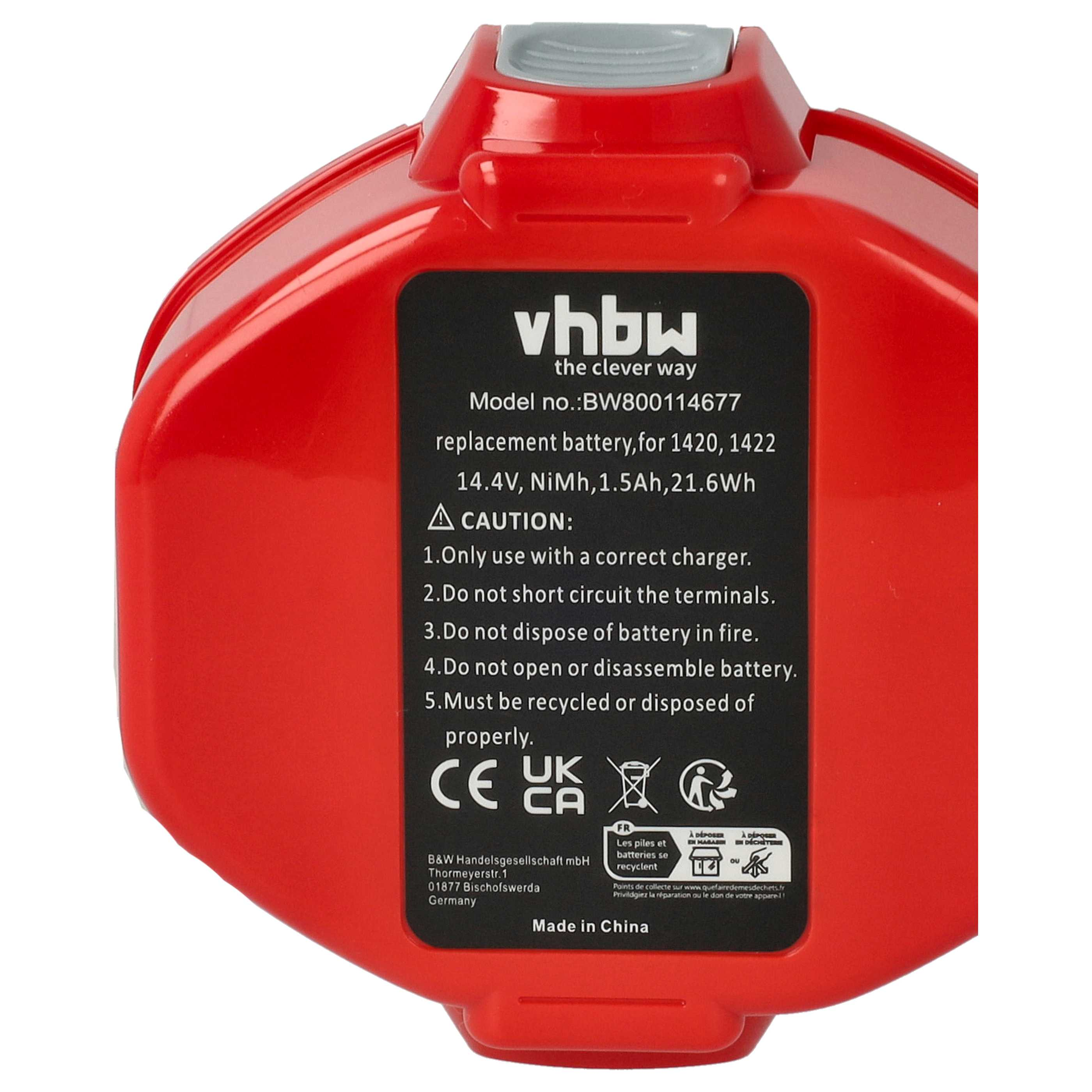 Roter Akku mit schwarzem Etikett, Vorsichtstext und Recyclingsymbolen. Grauer Knopf oben. Hergestellt in China.