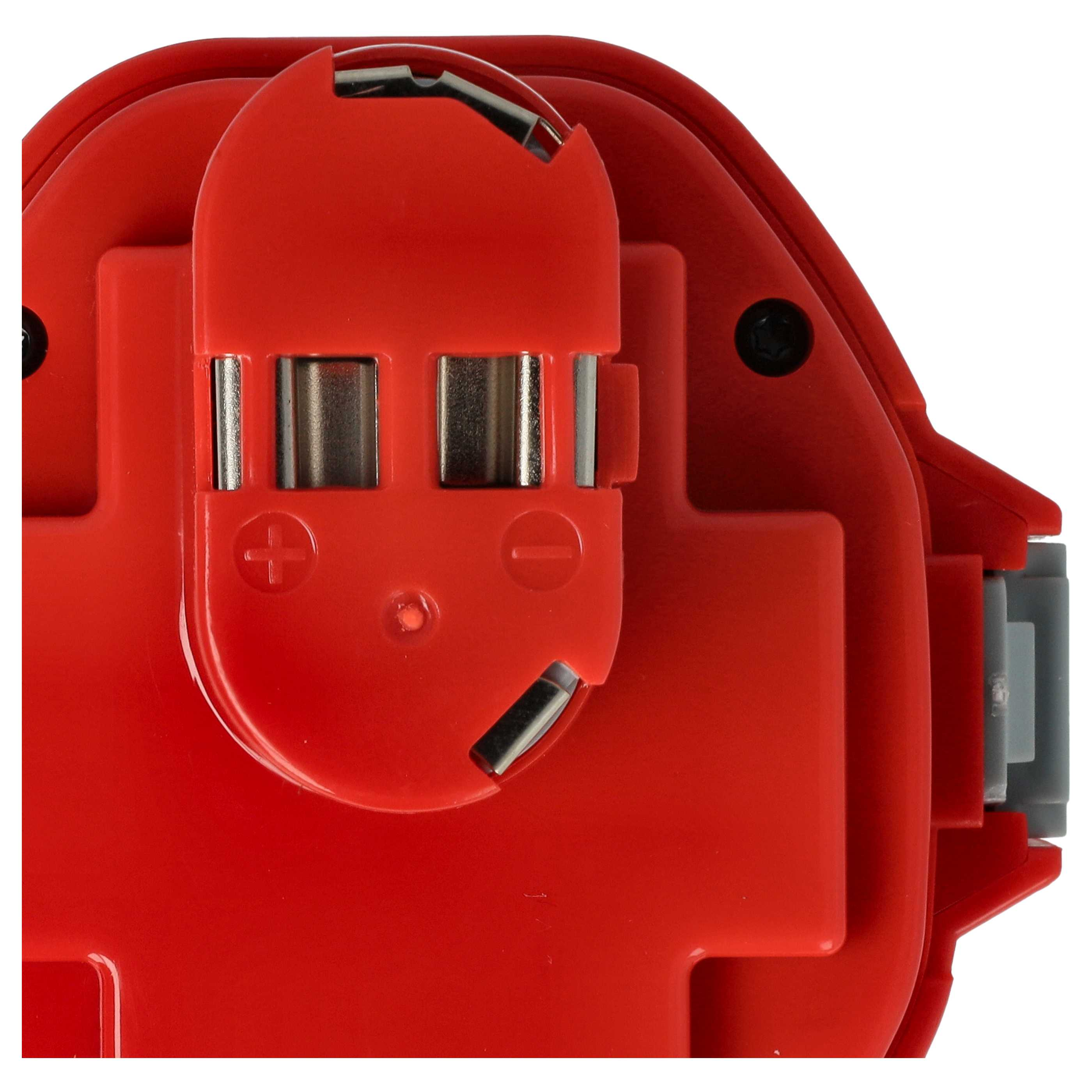 Nahaufnahme einer roten Elektrowerkzeugkomponente. Es hat Metallkontakte und einen grauen Stecker.
