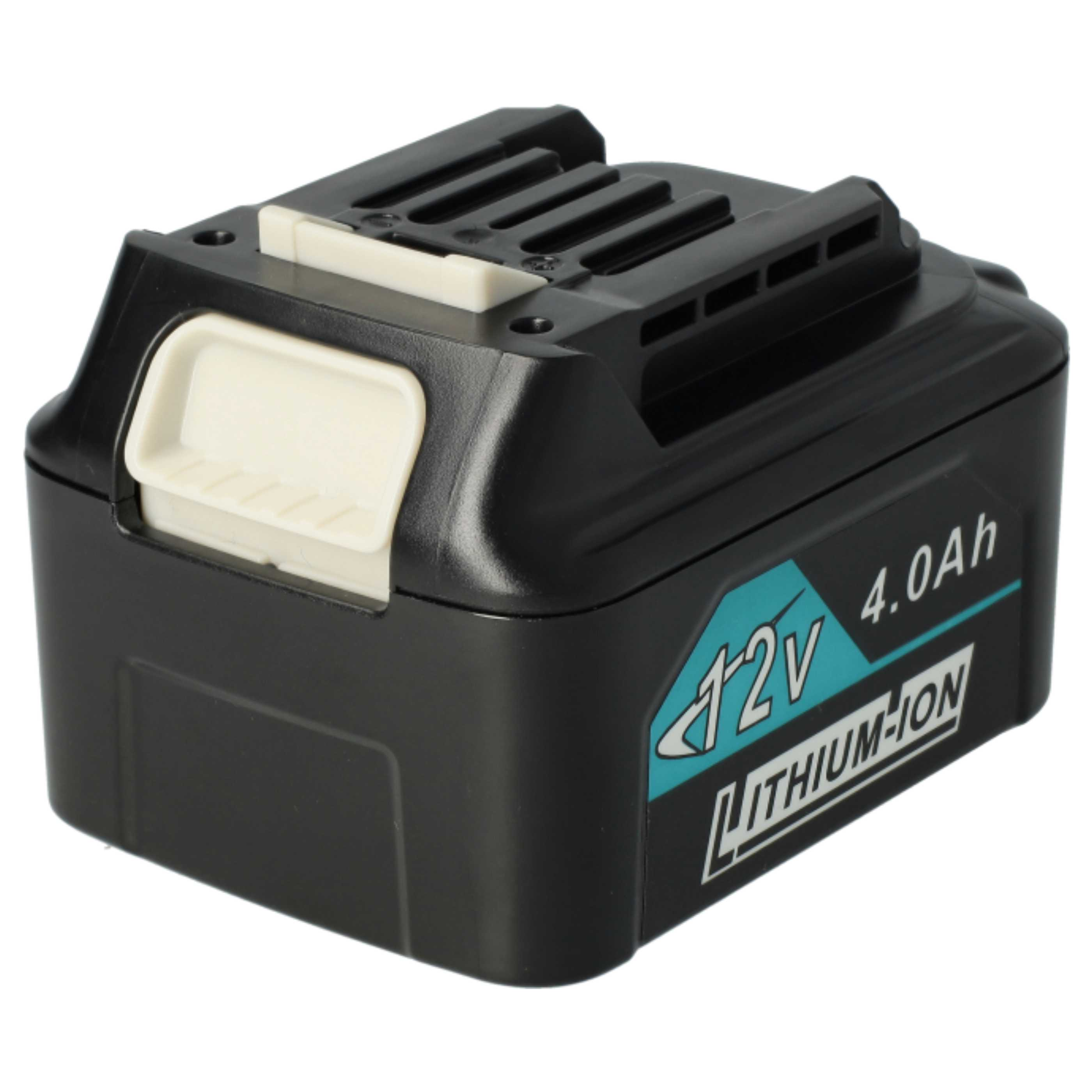 Ein schwarzer 12V 4,0Ah Lithium-Ionen-Akku mit weißen Akzenten. Er hat ein Etikett mit Spannungs- und Kapazitätsinformationen.