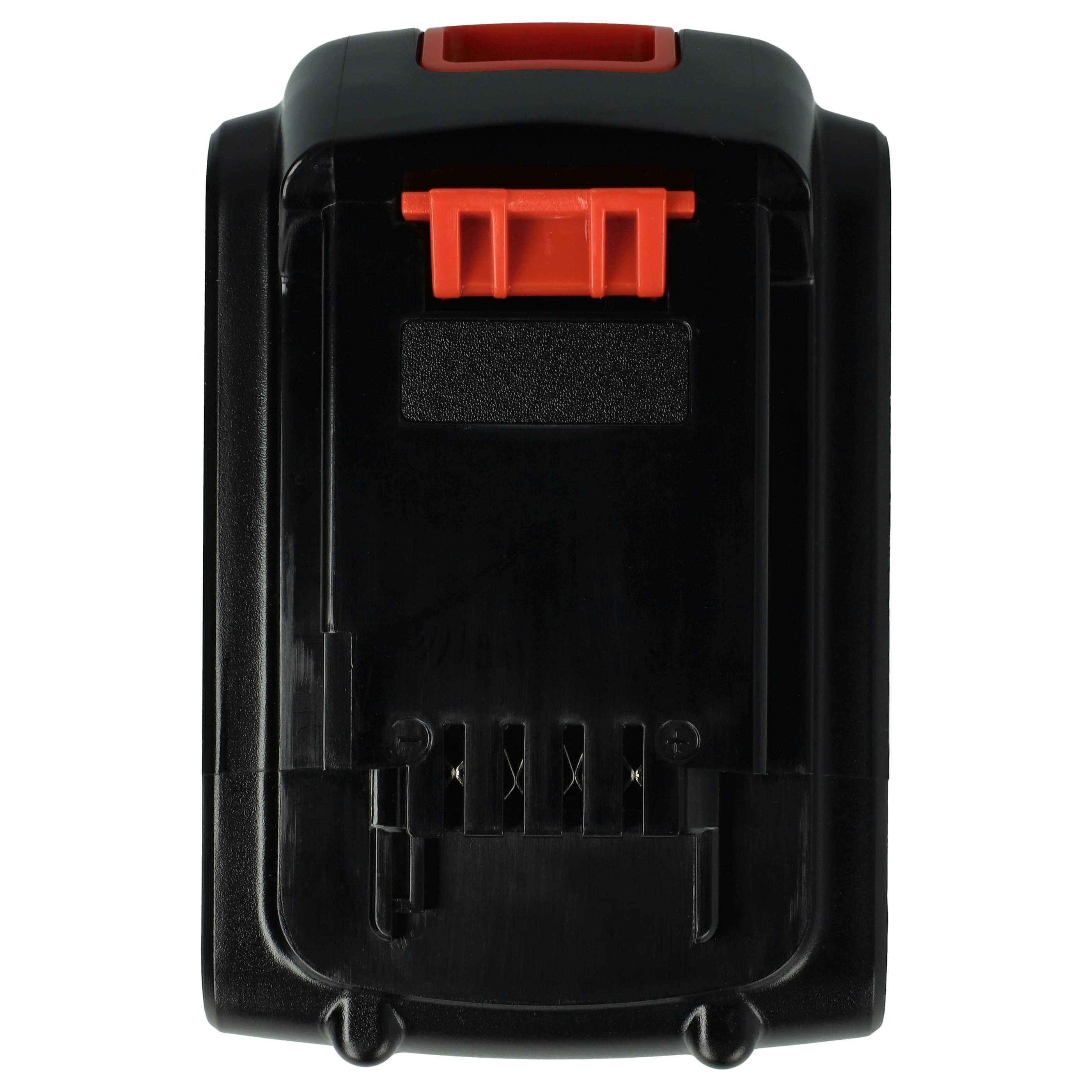 Ein schwarzer Akku mit orangefarbenen Akzenten. Er hat eine rechteckige Form mit Griff und Verriegelungsmechanismus.