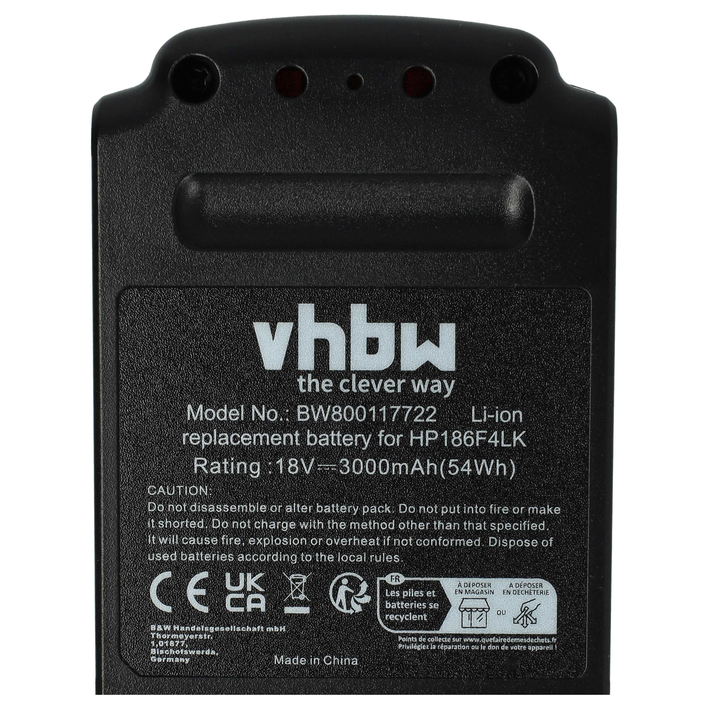 Schwarzer Akku mit weißem Text. Er hat das vhbw-Logo, die Modellnummer und Sicherheitshinweise. Hergestellt in China.