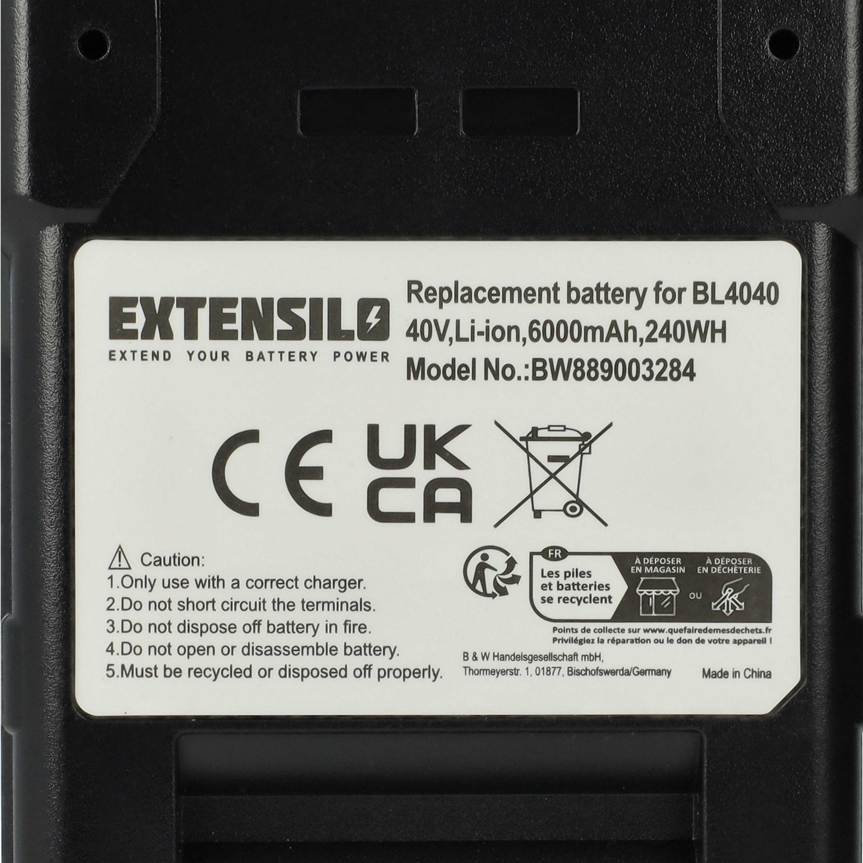 Schwarzer Akku mit weißem Text. Es steht 'EXTENSILO' und 'Ersatzbatterie' drauf. Auch Recycling-Symbole sind vorhanden.