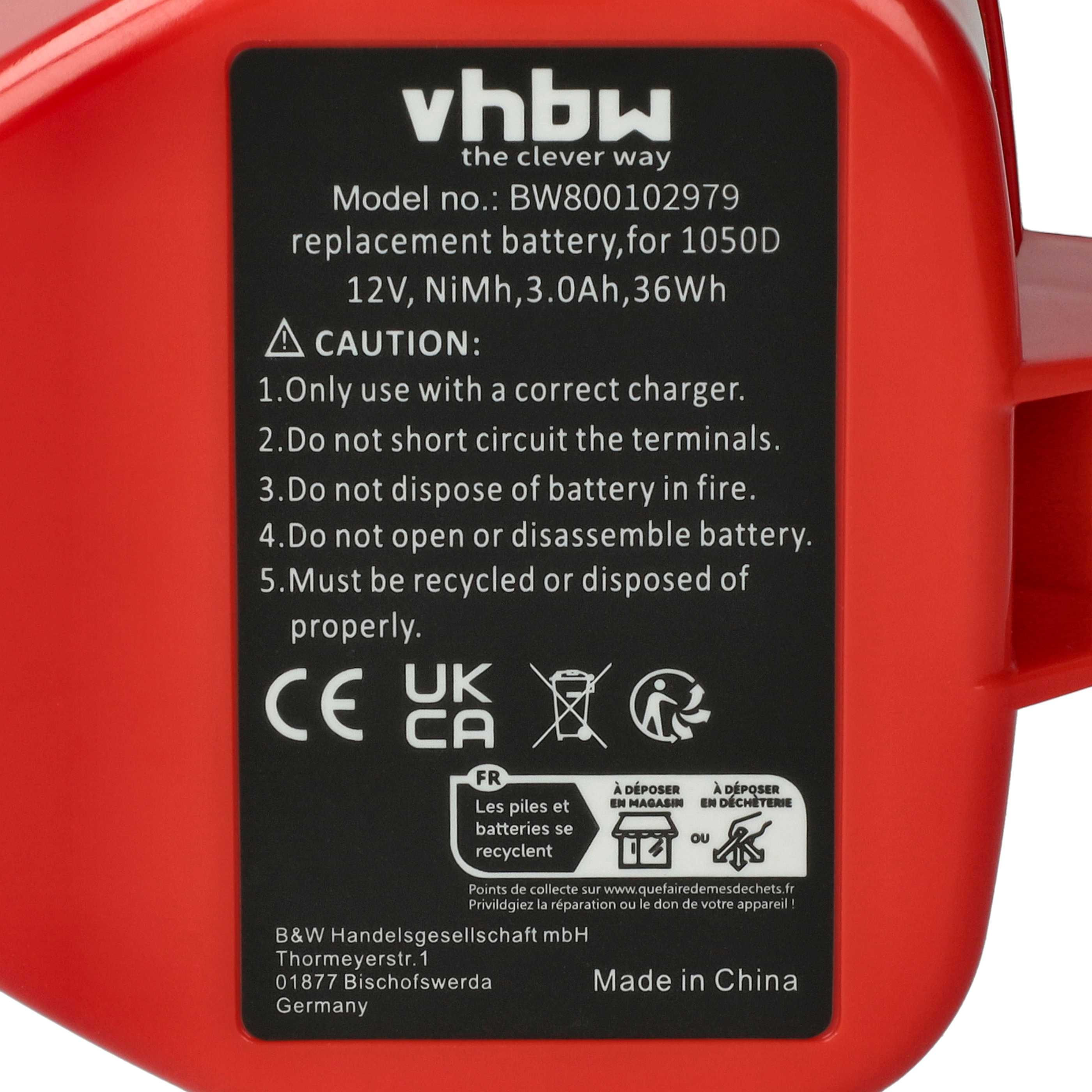 Ein roter und schwarzer Akku mit Text. Er hat Sicherheitshinweise, Recycling-Symbole und 'Made in China'.