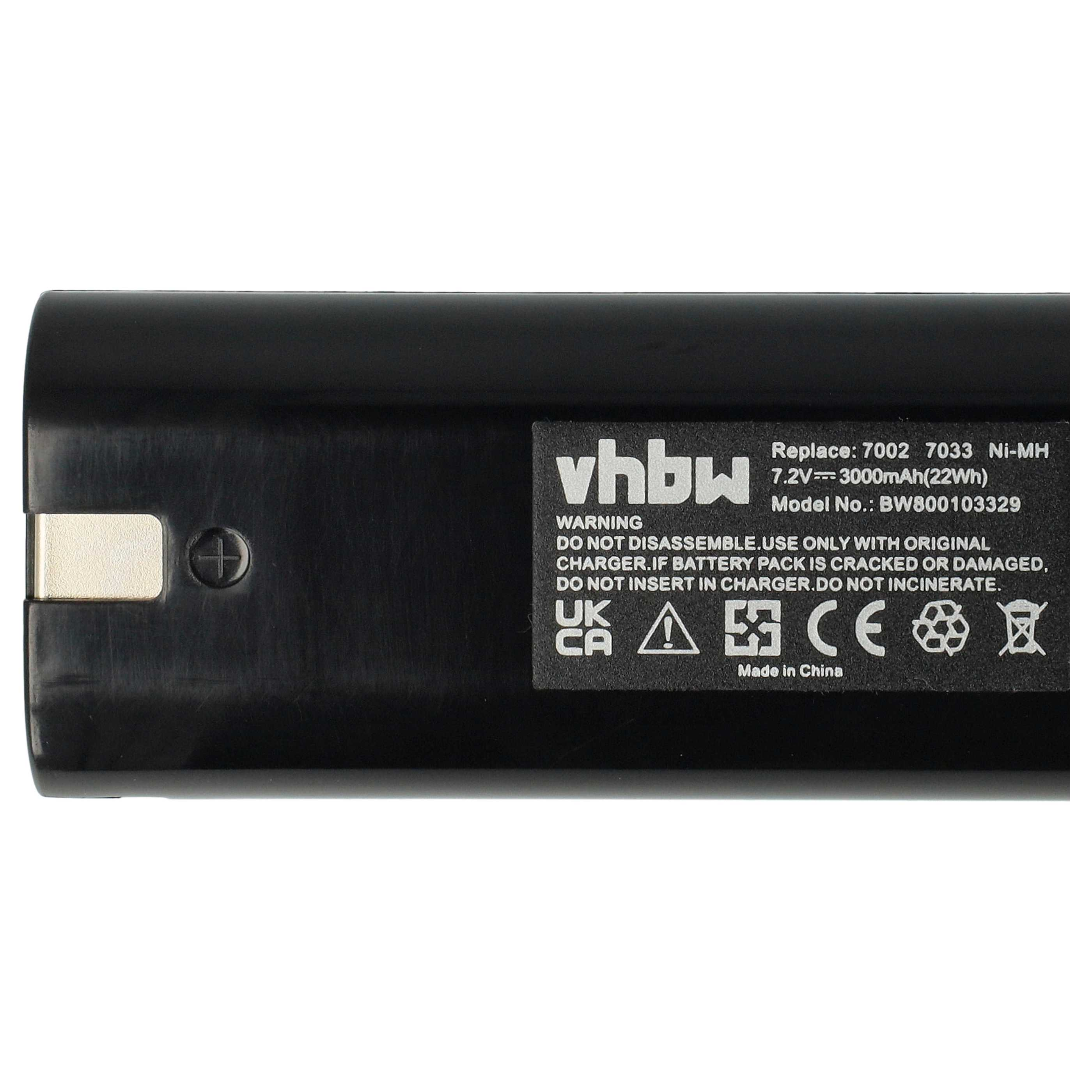 Schwarzer Akku mit weißem Text, Marke vhbw. Aufkleber zeigen Warnungen und Spezifikationen wie 7,2 V, 3000 mAh und Modell BW800103329.
