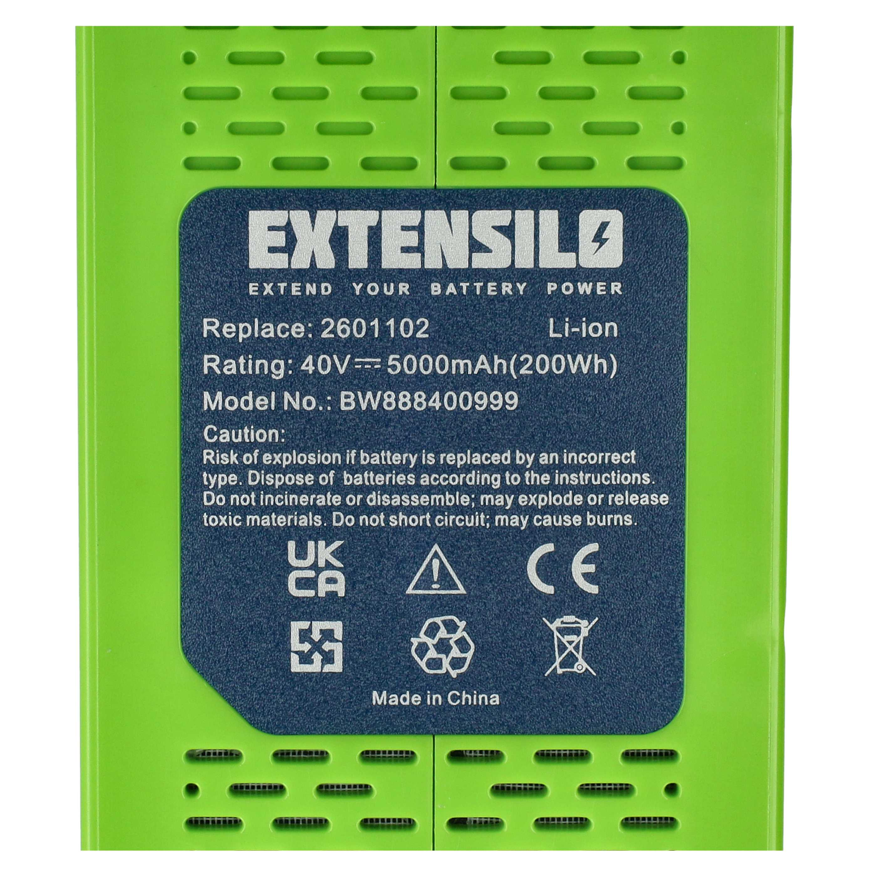 Ein grüner Akku mit blauem Etikett, das 'EXTENSILO' und Spezifikationen wie 'Li-ion' sowie Sicherheitshinweise zeigt.