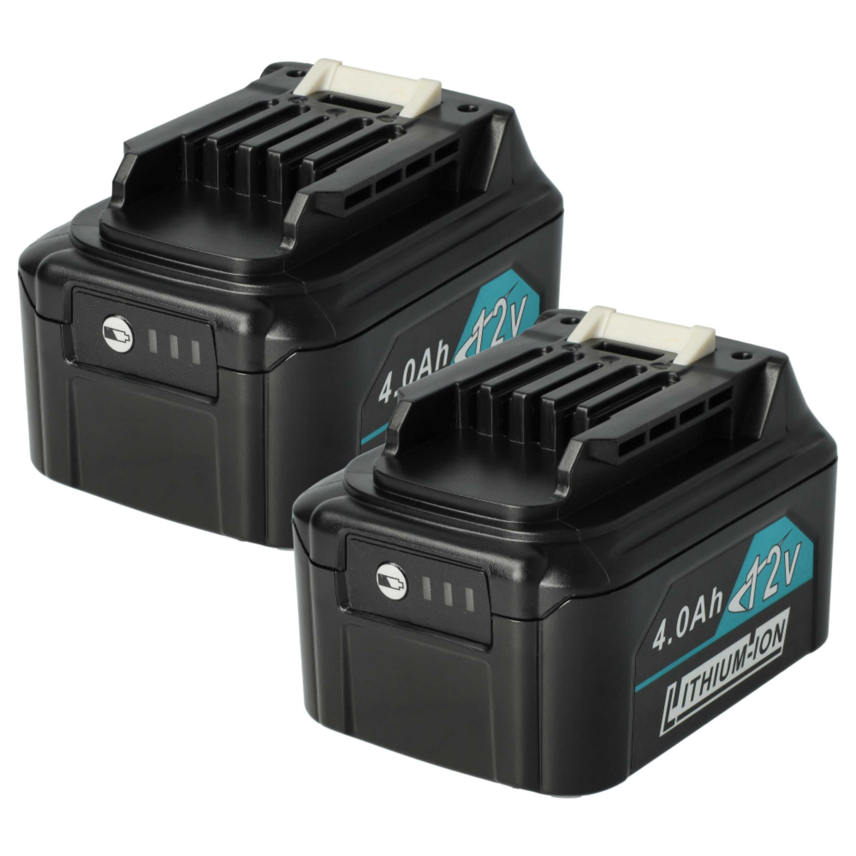 Zwei schwarze 12-V-Lithium-Ionen-Akkus mit weißen Akzenten. Jeder hat eine Leistungsanzeige und 4,0 Ah Kapazität.
