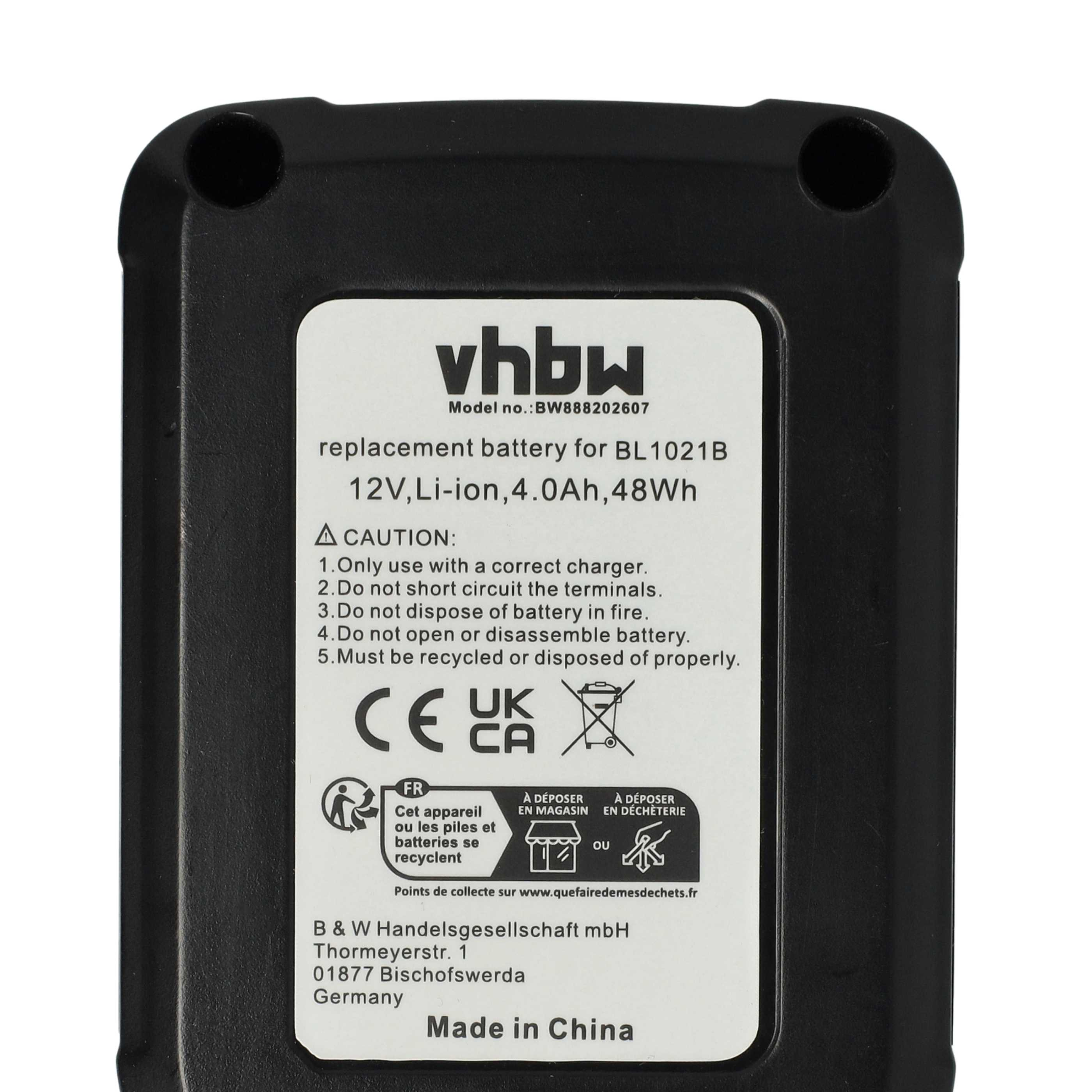 Schwarzer Akku mit weißem Etikett. Text enthält 'vhbw', '12V Li-ion' und Recyclingsymbole. Hergestellt in China.