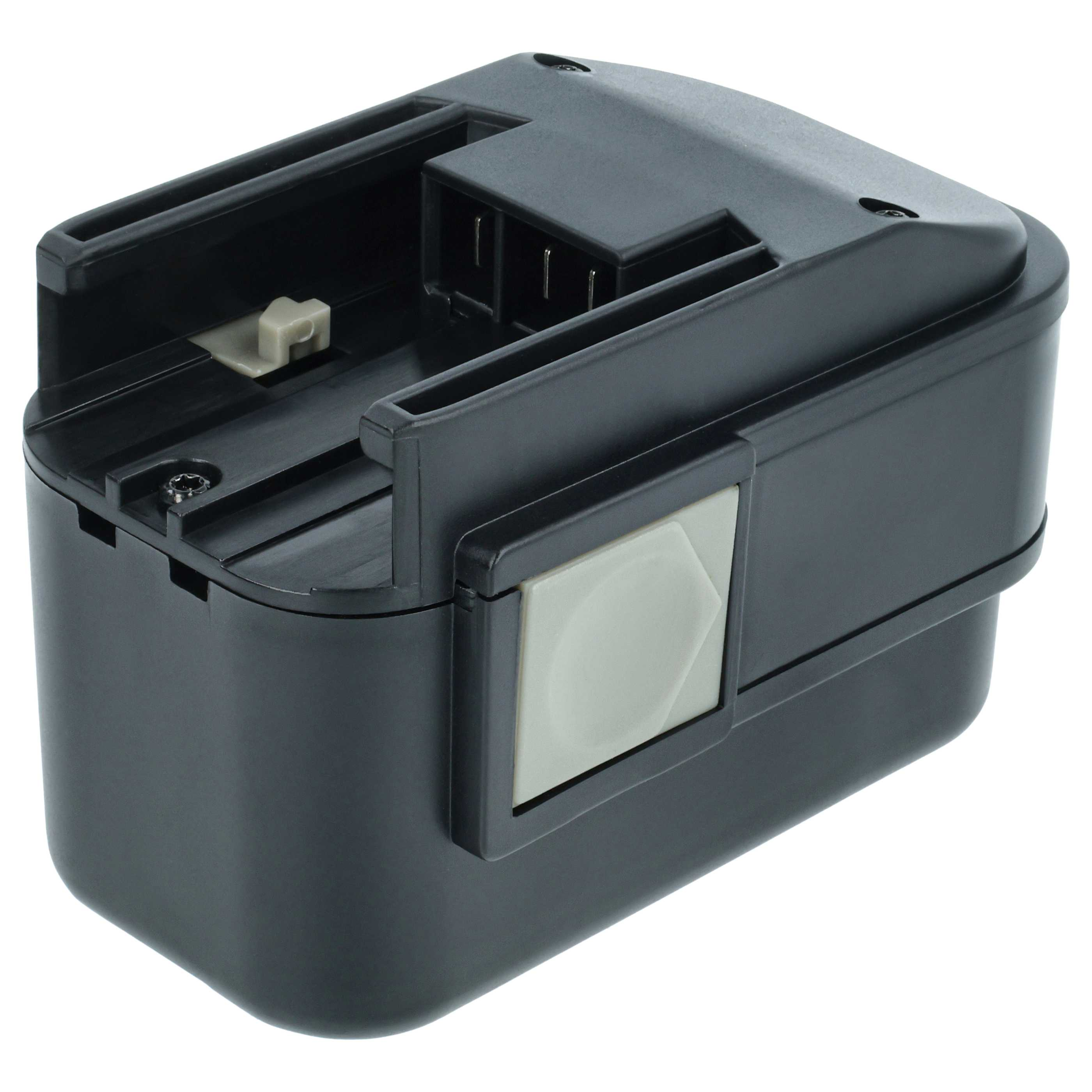 Ein schwarzer Akku mit einem grauen Schalter und einem grauen Knopf. Die Batterie hat eine rechteckige Form. Der Hintergrund ist weiß.