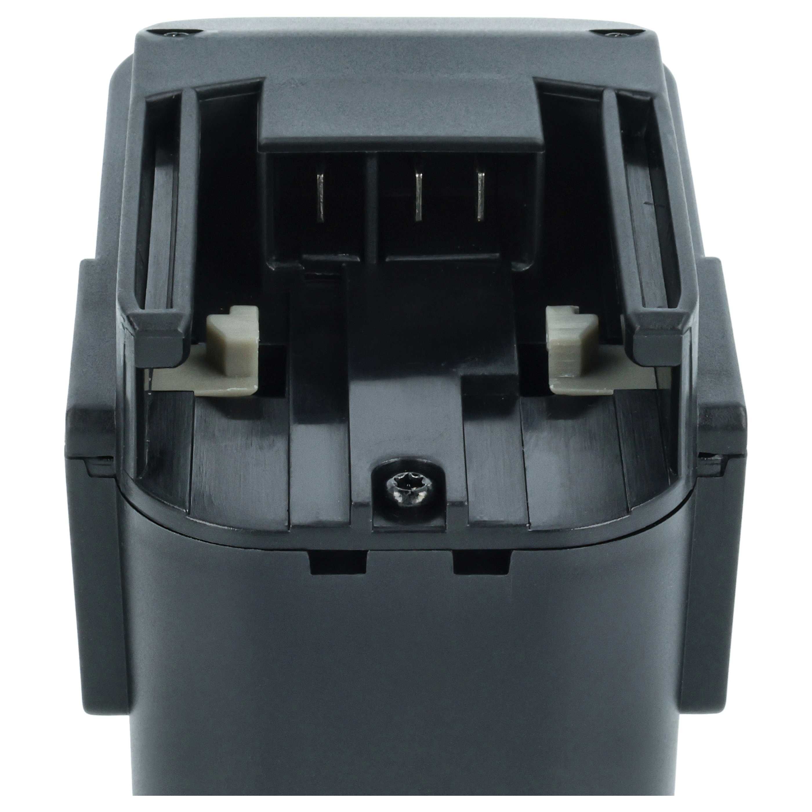 Nahaufnahme eines schwarzen Elektrowerkzeug-Akkus. Er hat ein detailliertes Design mit Anschlüssen und Schrauben.