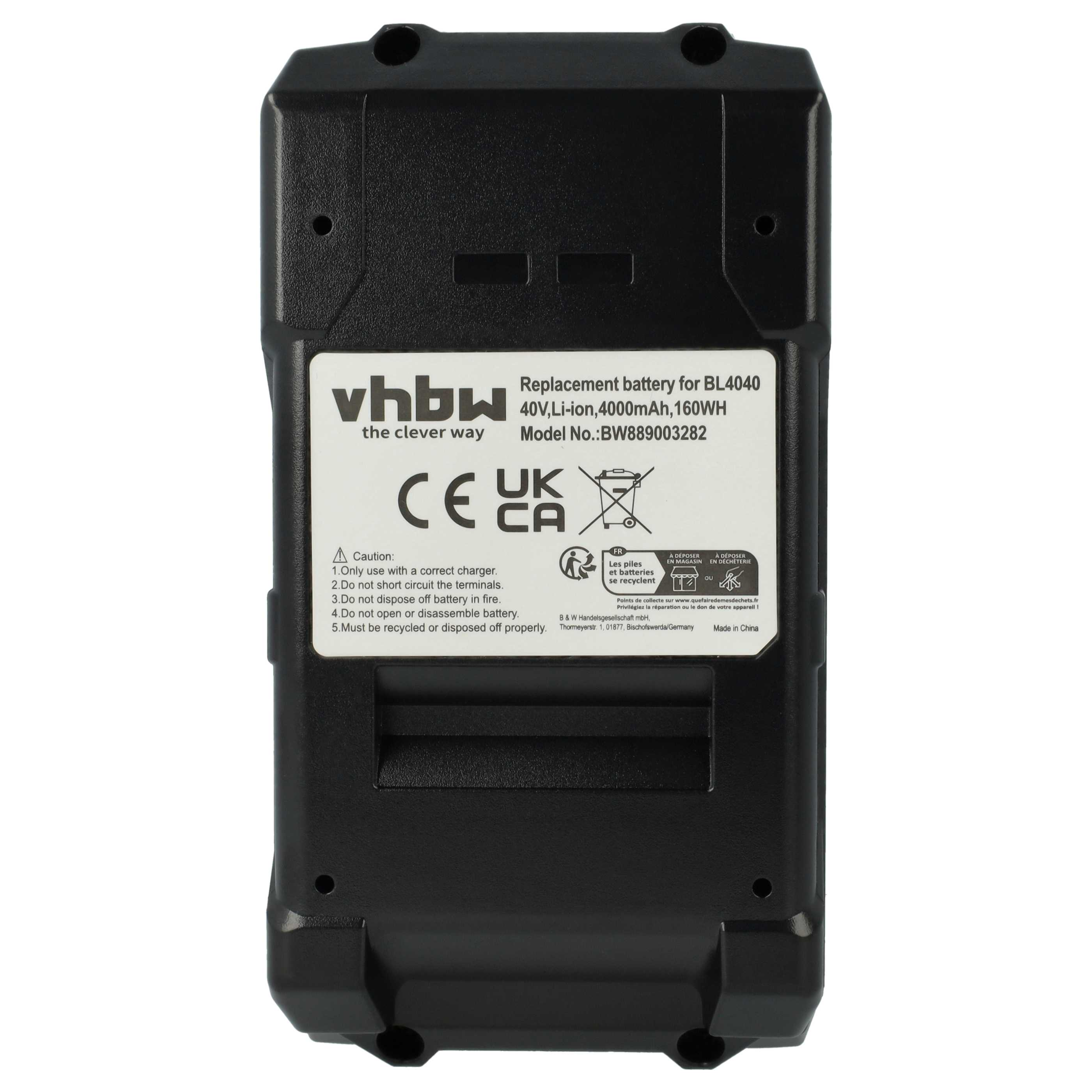 Schwarzer Akku mit weißem Etikett. Text: Ersatzbatterie, CE UK CA, Recyclingsymbole und Vorsichtshinweise.