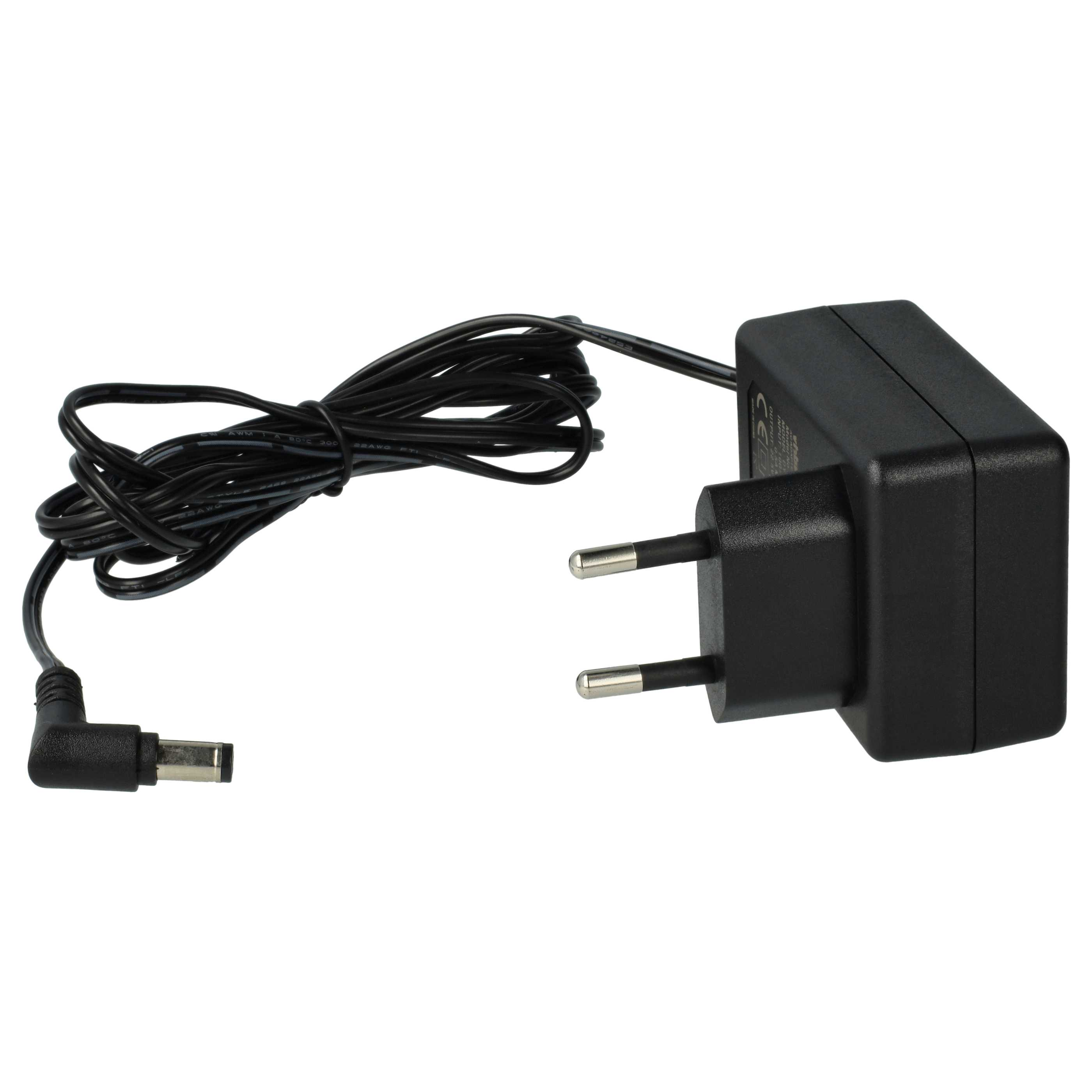 Ein schwarzes Netzteil mit schwarzem Kabel und Stecker. Der Stecker hat zwei Metallstifte.