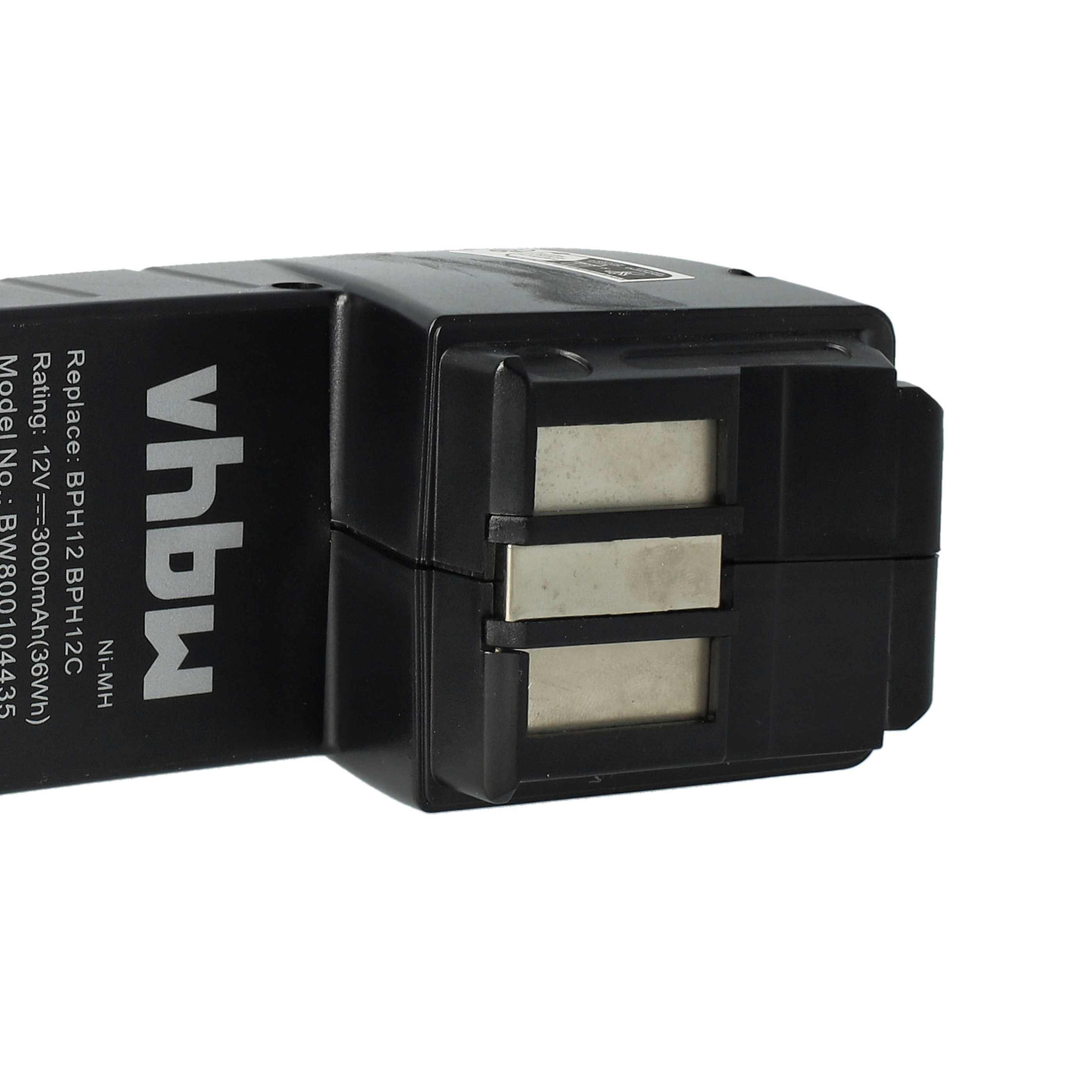 Schwarzer Akku mit silbernen Kontakten. Text: vhbw, Ersatz: BPH12 BPH12C, Nennleistung: 12V-3000mAh.