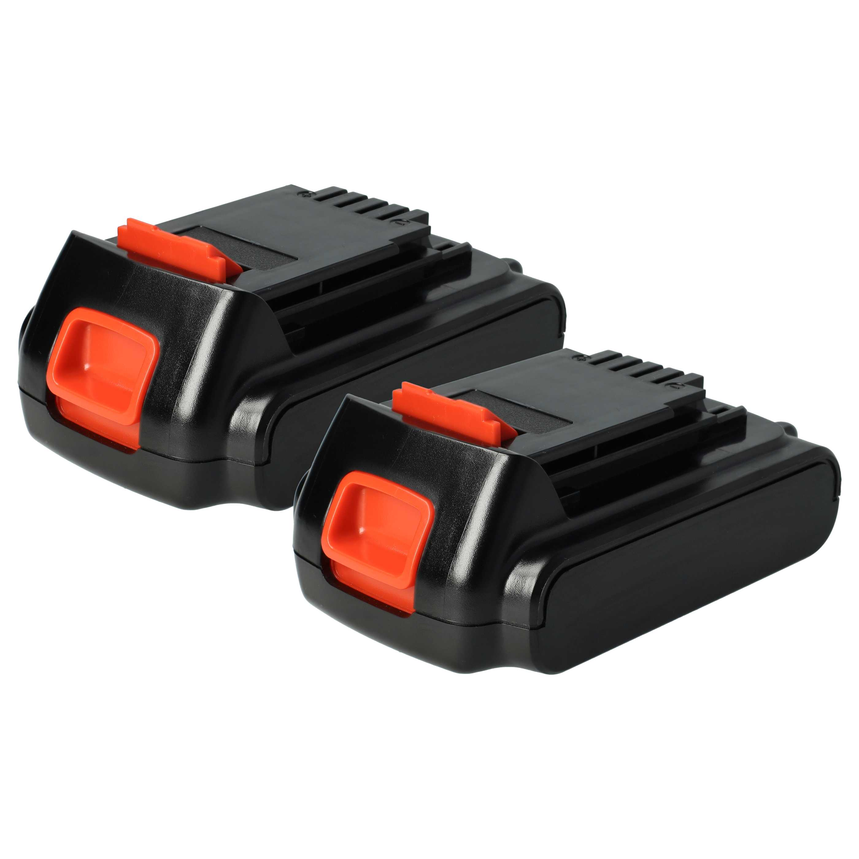 Zwei schwarze Elektrowerkzeugbatterien mit orangefarbenen Akzenten auf weißem Hintergrund. Details umfassen Rippen und Entriegelungstasten.