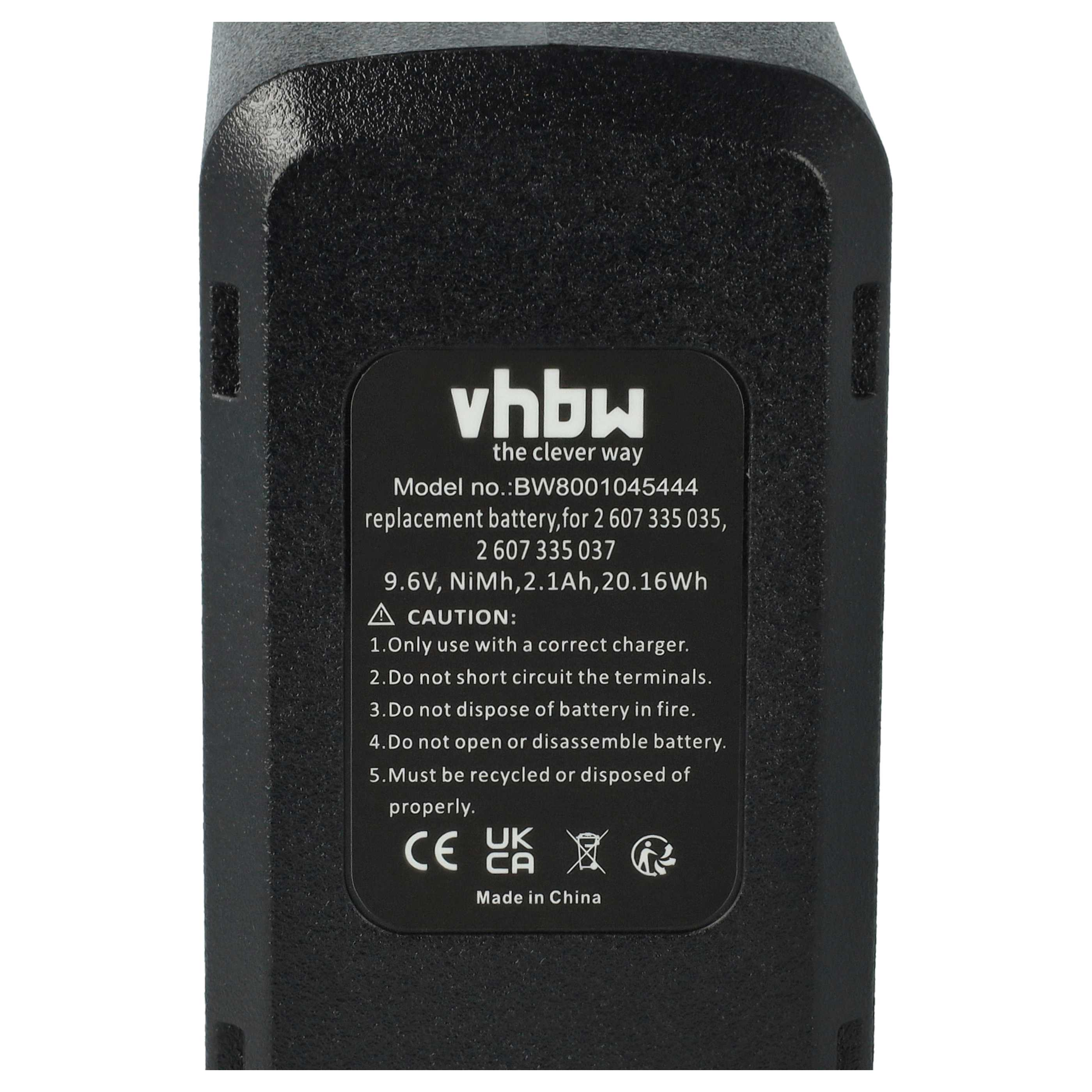 Schwarzer Akku mit weißem Text. Es steht: vhbw, Modellnummer, Spannung, Vorsicht, CE, UK CA und Made in China.