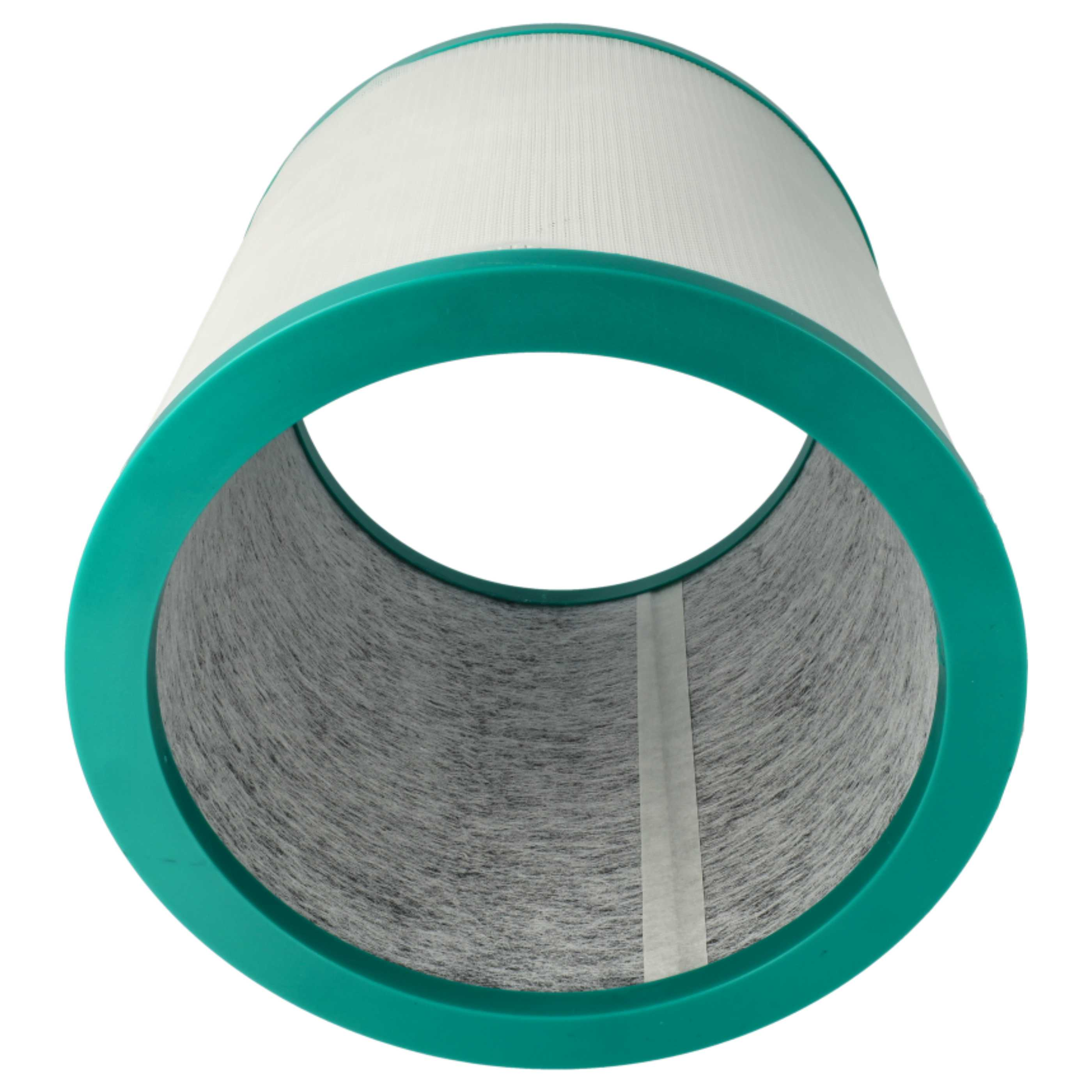 Luftfilter mit grünem Rand und weißem Filtermaterial, aus niedrigem Winkel auf weißem Hintergrund gesehen.