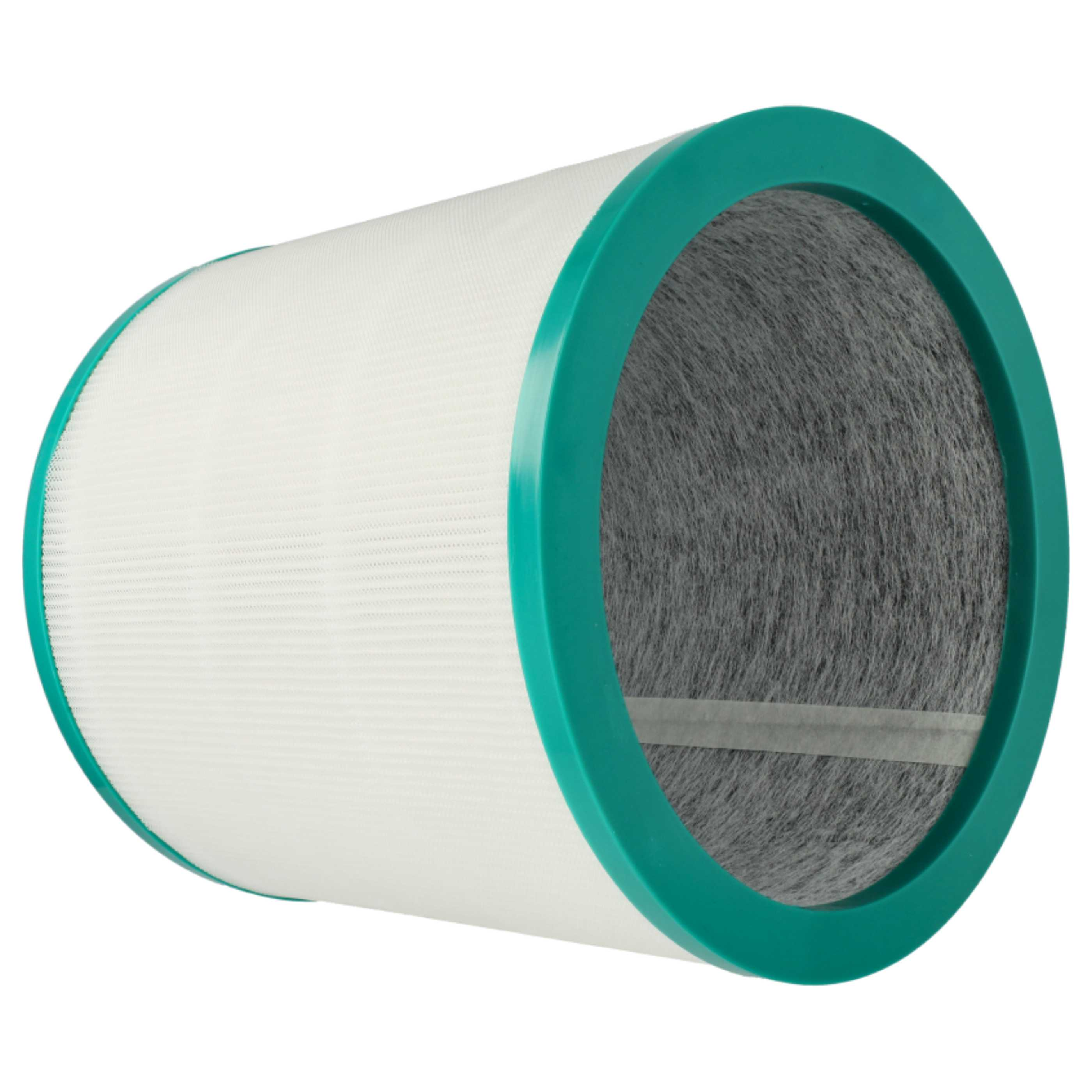 Zylindrischer Luftfilter mit weißem Netz und blaugrüner Einfassung. Der Innenraum zeigt dunkles graues Filtermaterial.