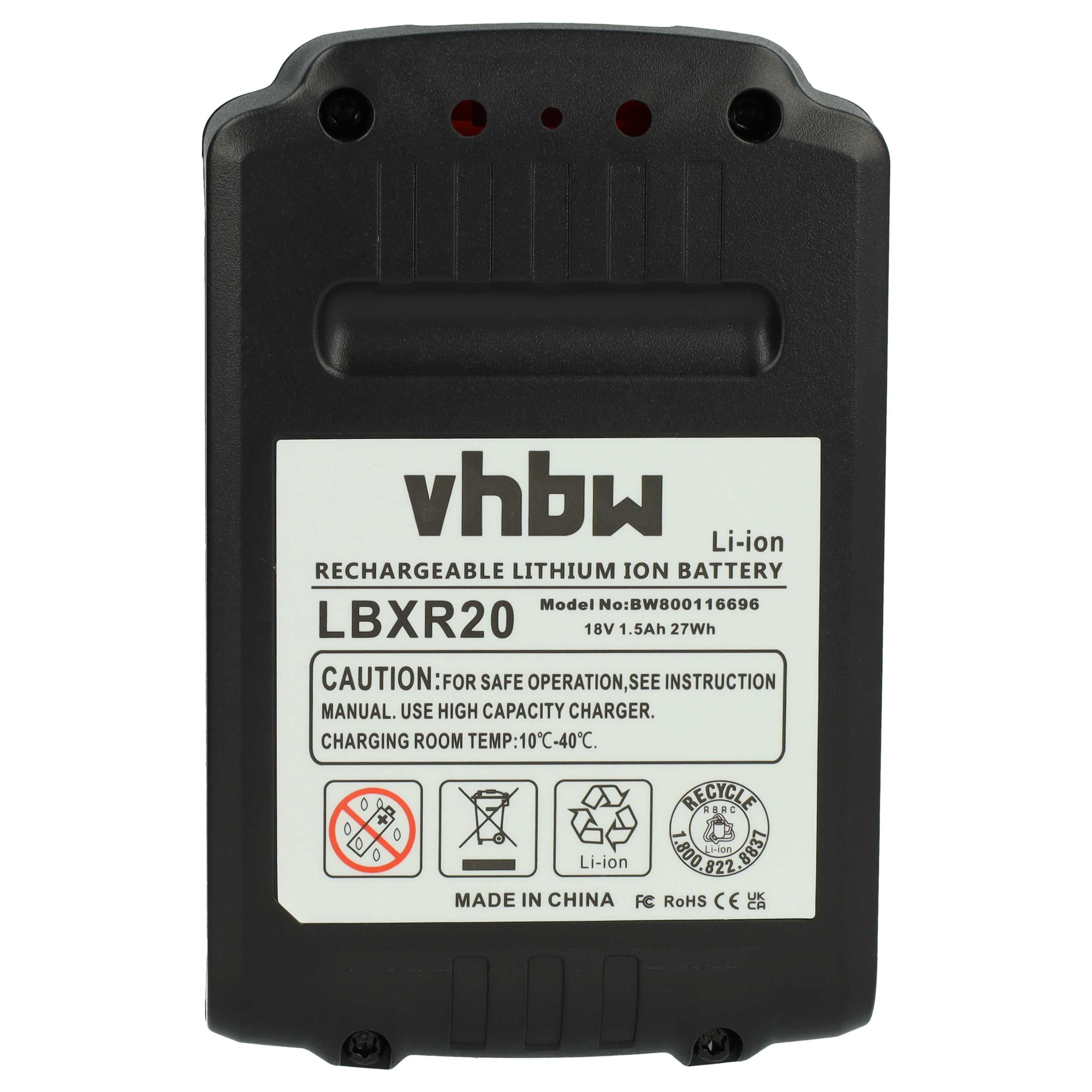 Schwarzer vhbw Akku, LBXR20 Modell. Enthält weißes Etikett mit Sicherheitsinformationen und einem Recyclingsymbol.