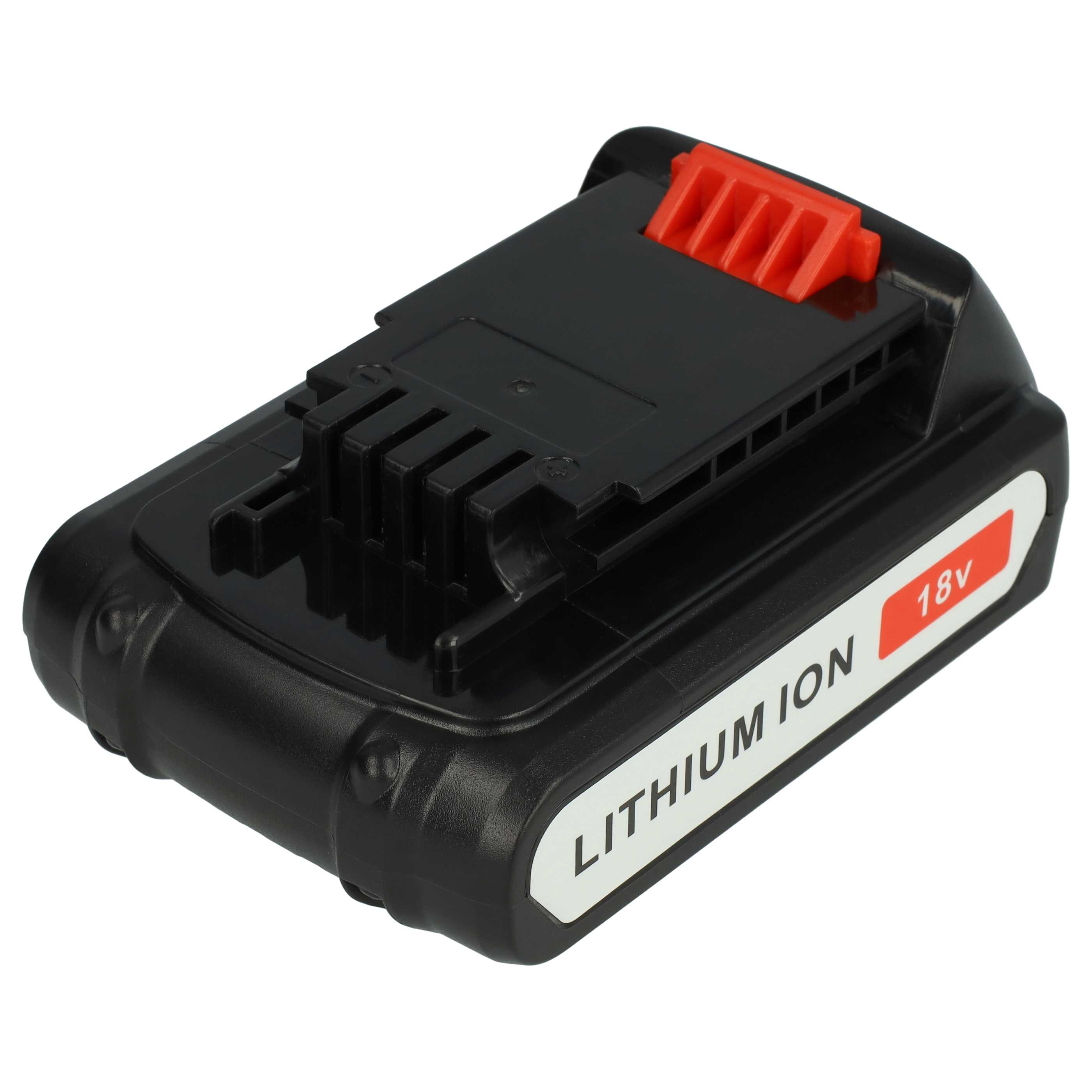 Ein schwarzes und rotes 18-V-Lithium-Ionen-Akkupack. Der Akku hat einen schwarzen Körper mit roter Oberseite und weißem Etikett.