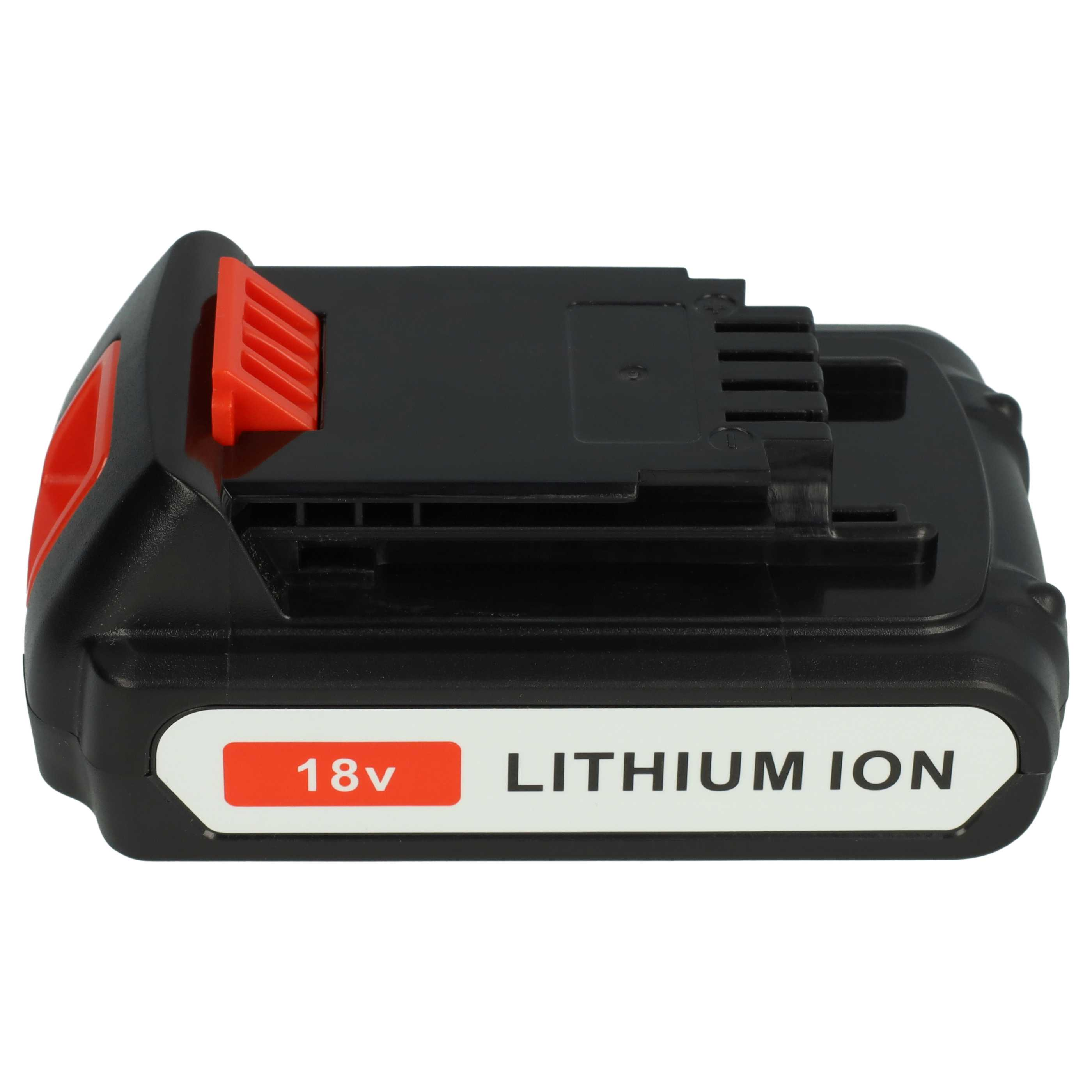 Ein schwarzer 18V Lithium-Ionen-Akku mit roten Akzenten. Der Akku hat ein weißes Etikett mit schwarzem Text.