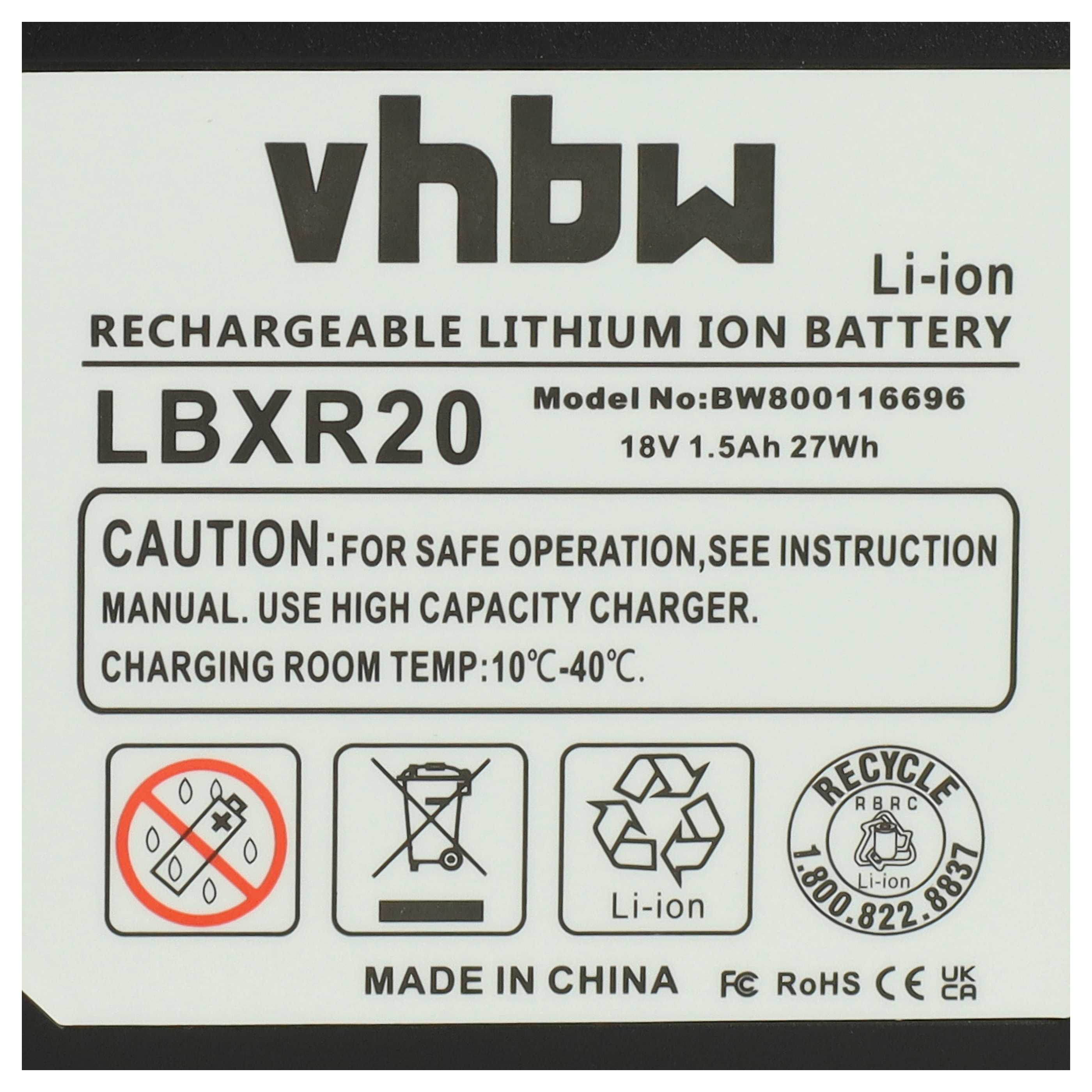 Ein weißes Etikett mit schwarzem Text weist auf einen wiederaufladbaren Lithium-Ionen-Akku hin. Es enthält Warnhinweise und Recyclingsymbole.