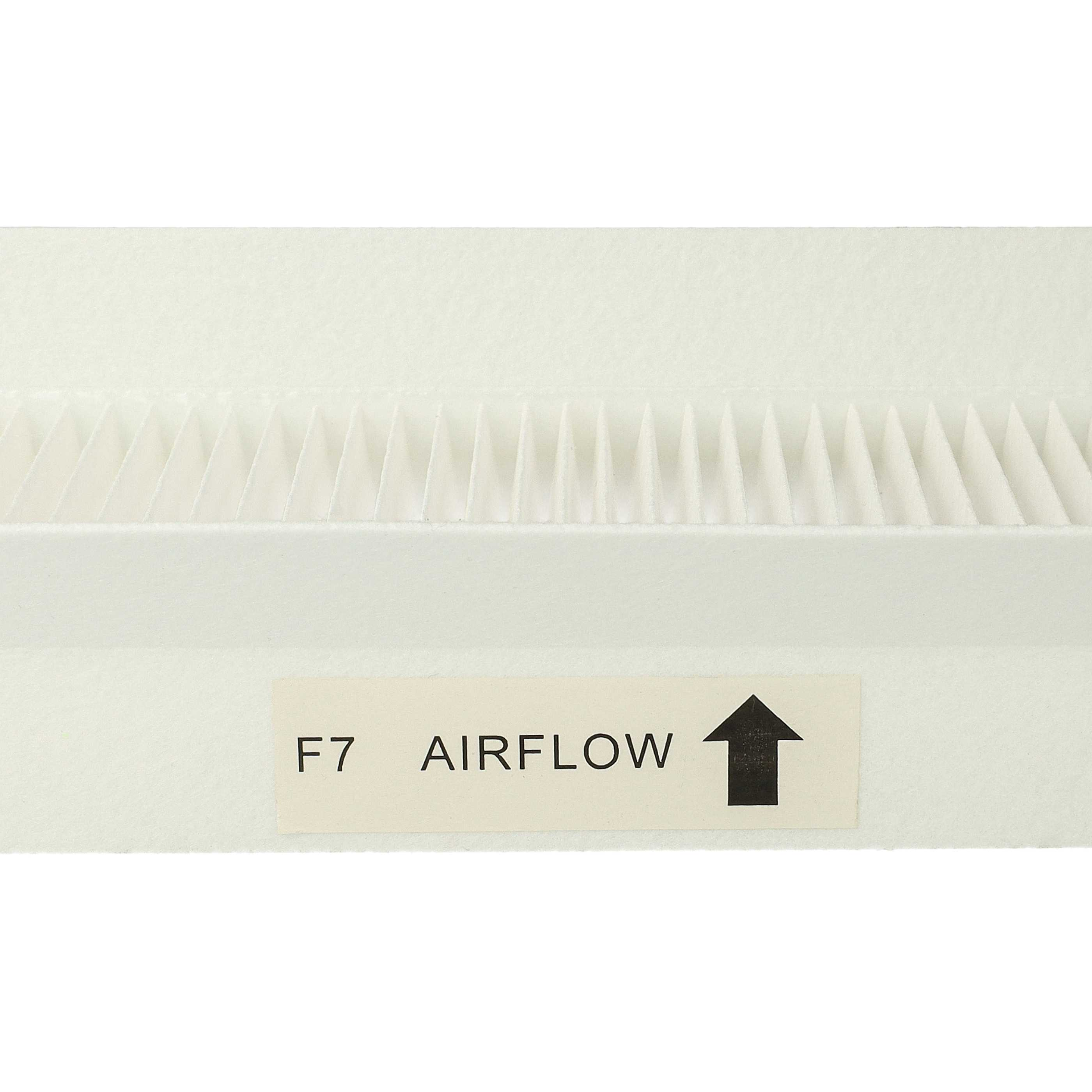 Weißer Luftfilter mit plissiertem Design, ein Etikett lautet 'F7 AIRFLOW' mit einem Pfeil, der die Richtung angibt.